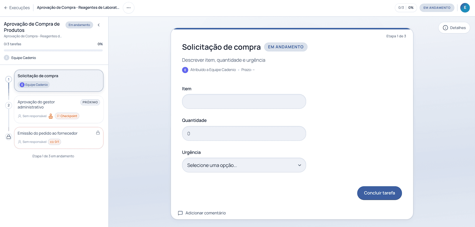 Flow de aprovação de compra de produtos no Cadenio, com campos de item, quantidade e urgência na etapa de solicitação e checkpoint de aprovação do gestor administrativo