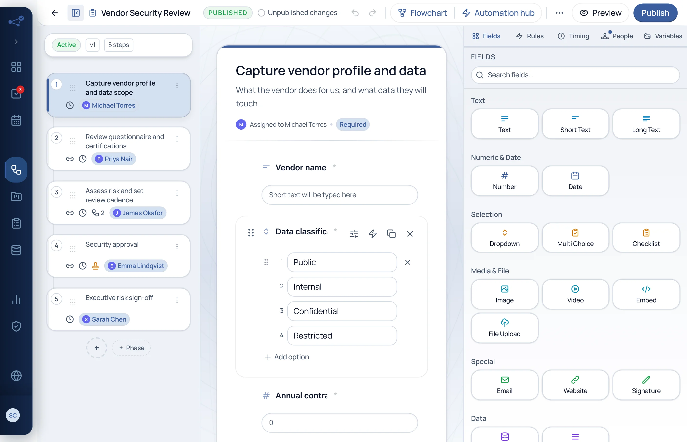 The Flow editor with the step list and an open task
