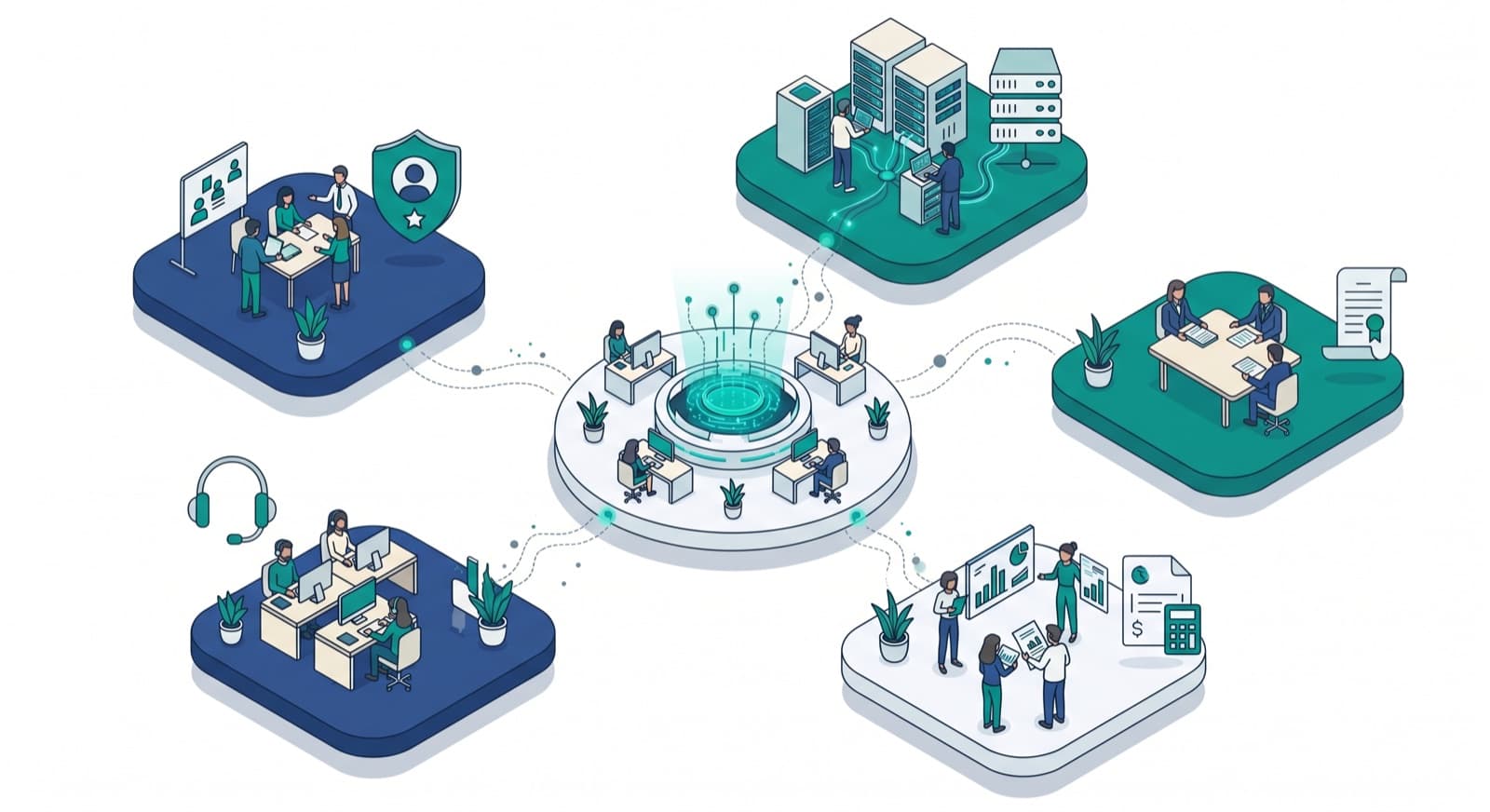 Isometric illustration of five teams (HR, IT, Finance, Customer Success, Legal) connected by lines to Cadenio at the center