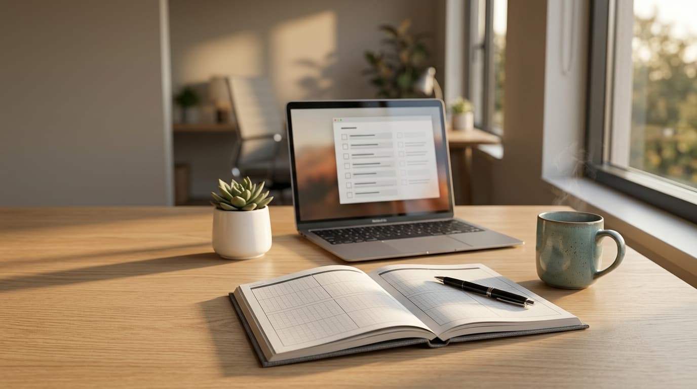 Mesa de trabalho com caderno de boas-vindas aberto, laptop com checklist do Cadenio e xícara de café na luz da manhã