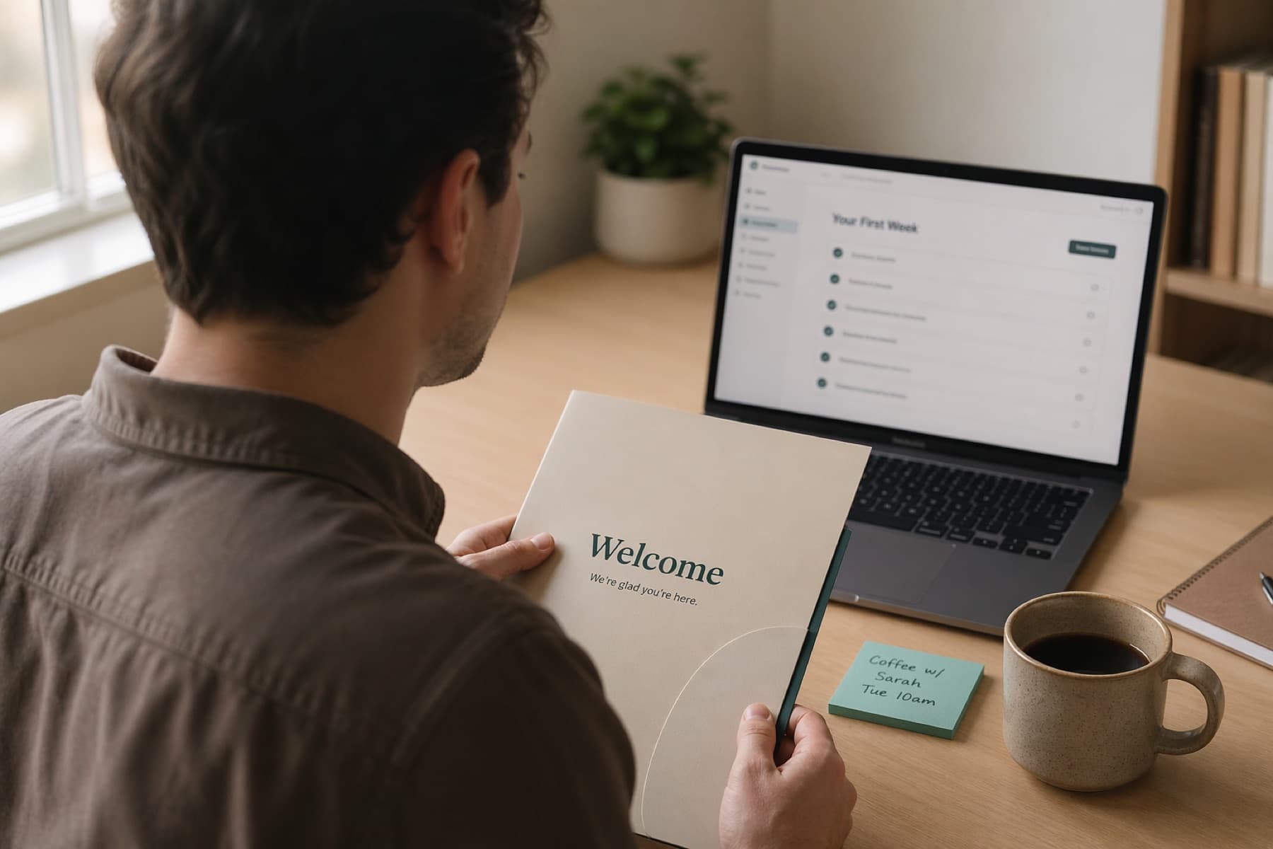 New hire reading the welcome folder on day one, with the Cadenio checklist open on the laptop
