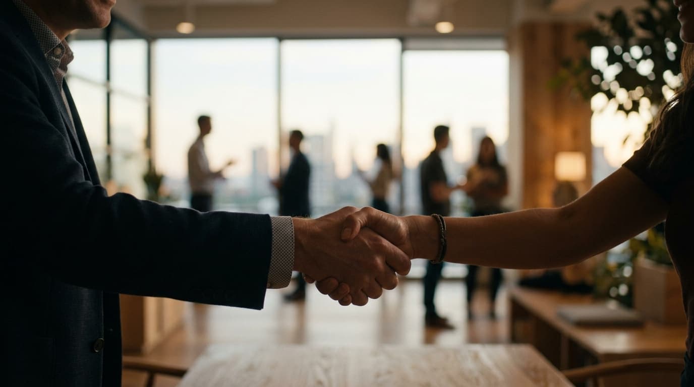 A handshake between two people in an office, a blurred group talking near a large window in the background.