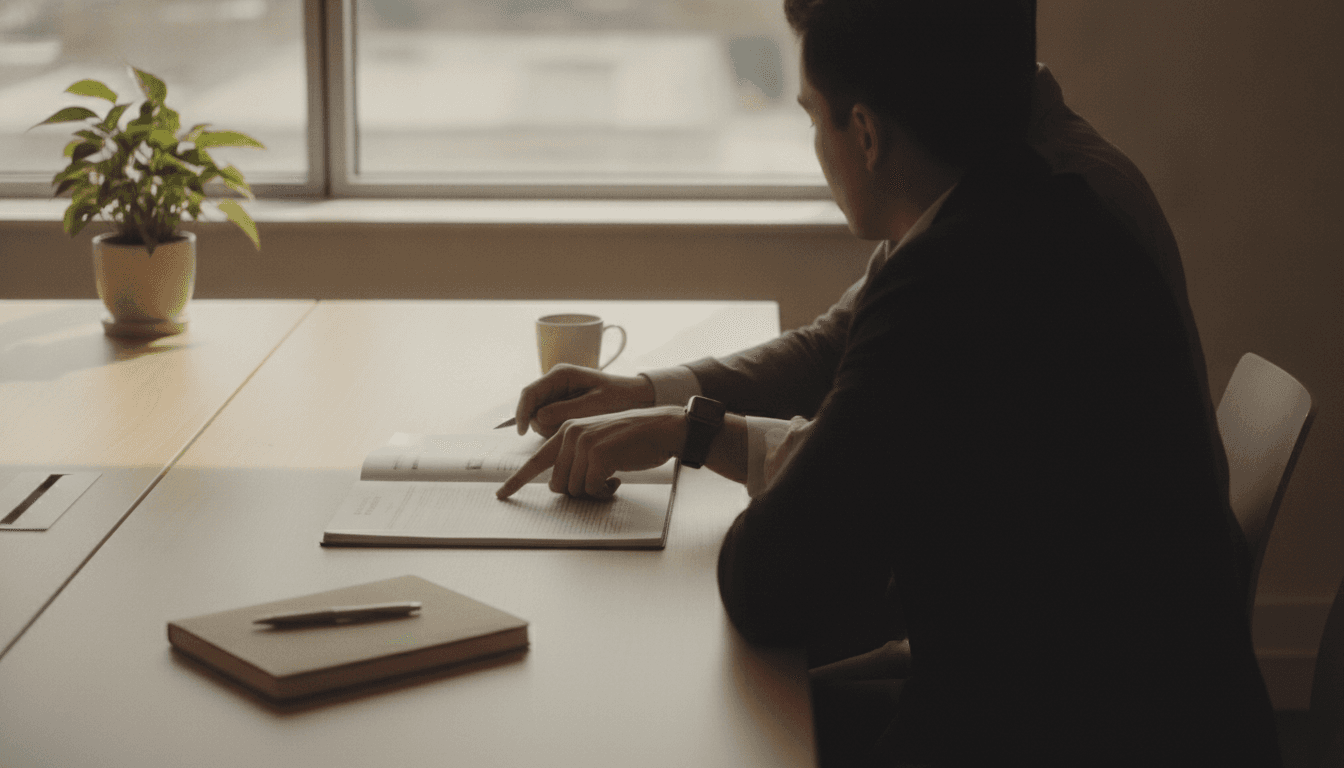 A consultant reviewing a printed proposal at a wooden desk near a window, seen from behind, warm morning light.