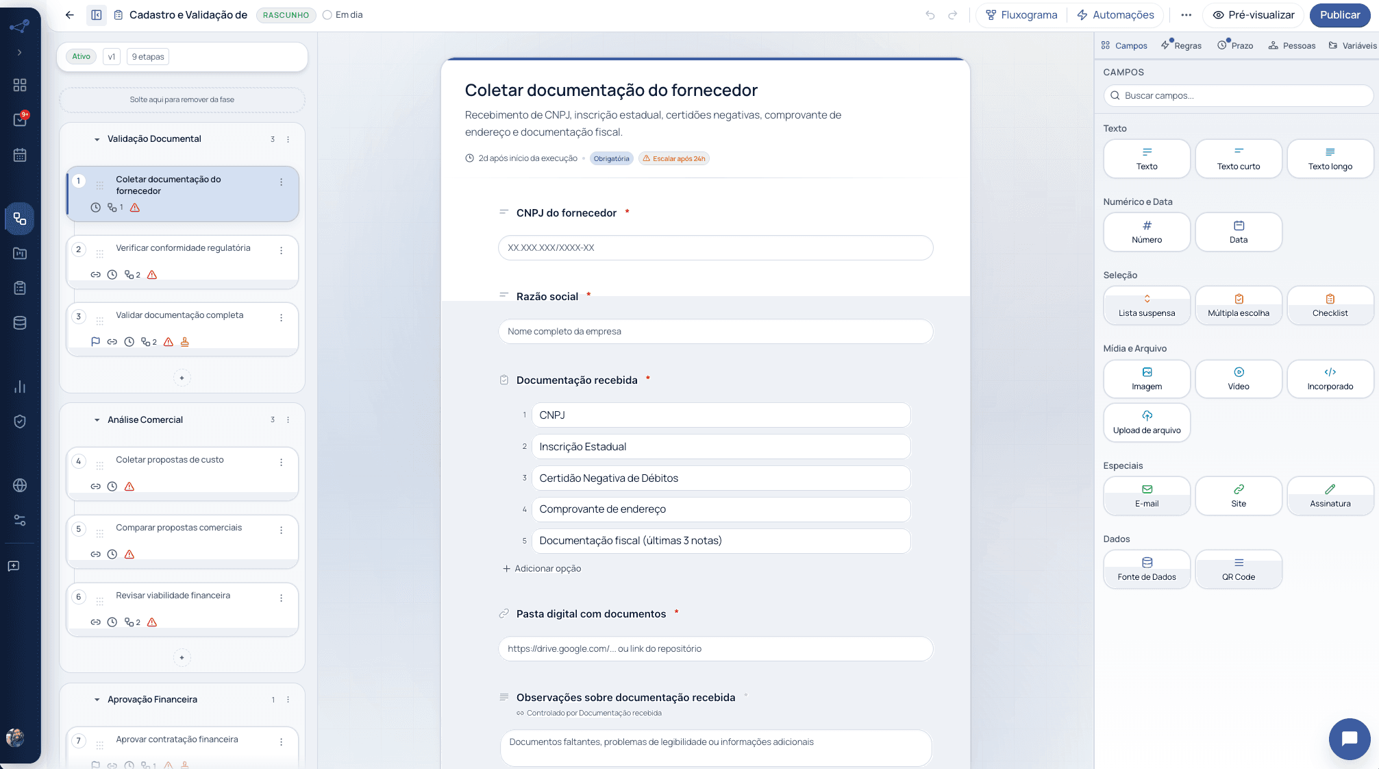 Cadenio's Flow editor with the AI-generated 'Vendor Registration and Validation' draft: 9 steps grouped into Document Validation, Commercial Analysis, and Financial Approval phases in the sidebar, and the 'Collect vendor documentation' task open with tax ID, legal name, received-documents checklist, and digital folder link fields.