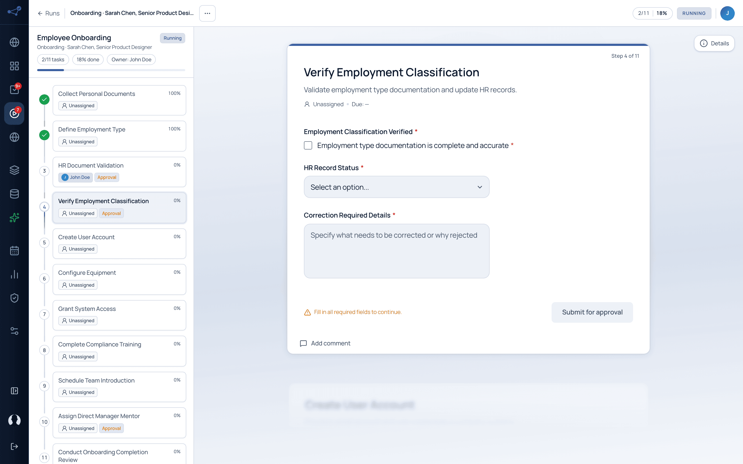 A run of the Employee Onboarding flow in Cadenio, status Running, 2 of 11 tasks complete, a named owner, two completed tasks, and the current task showing required fields and a Submit for approval button.