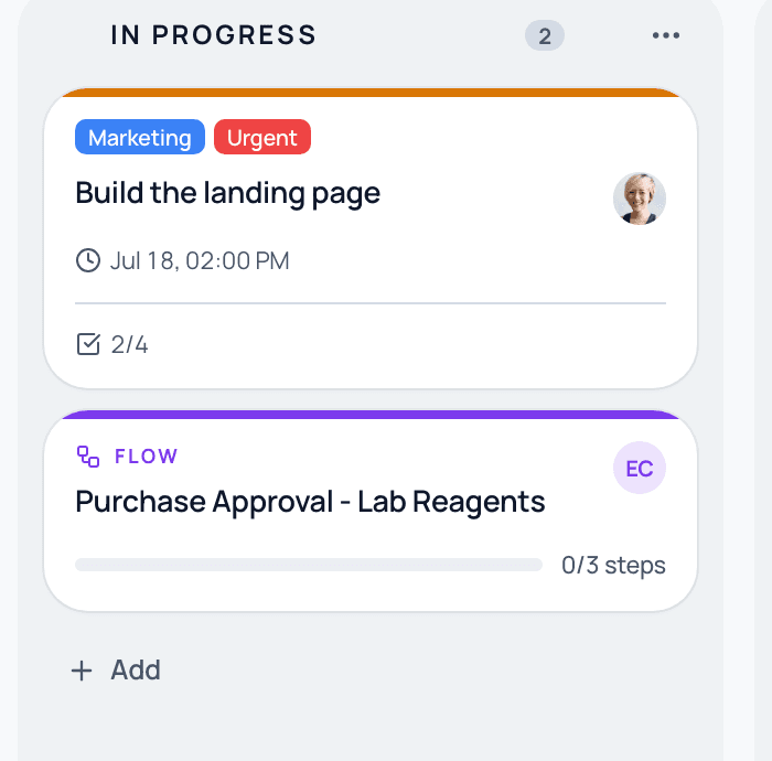 In progress column with a normal card and an attached purchase-approval Flow card