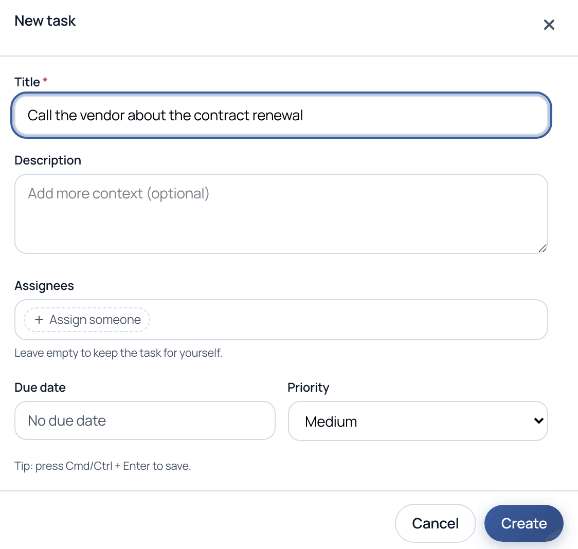The New task dialog with Title, Description, Assignees, Due date, and Priority fields