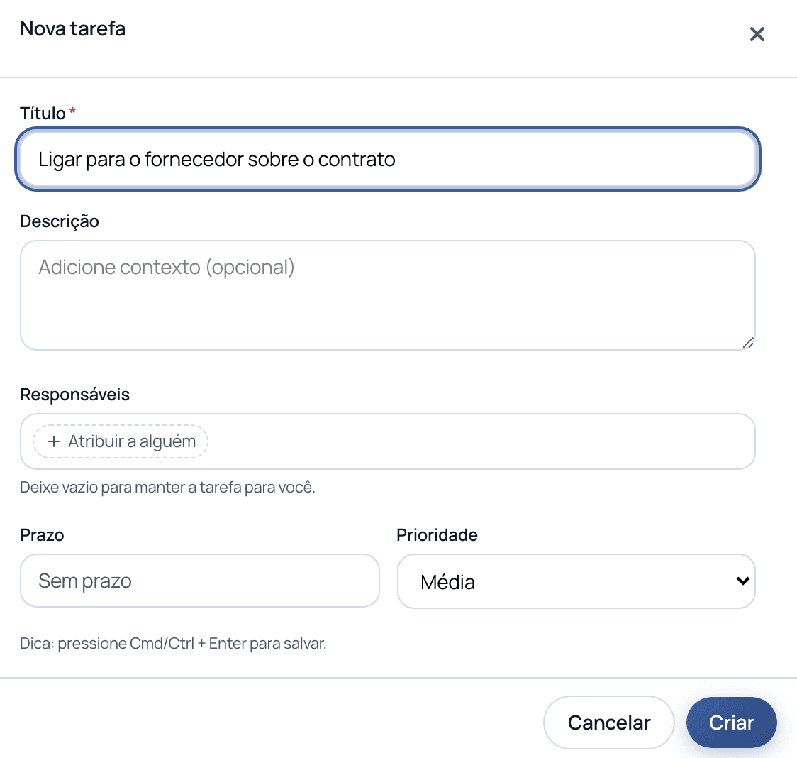 O diálogo Nova tarefa com campos Título, Descrição, Responsáveis, Prazo e Prioridade