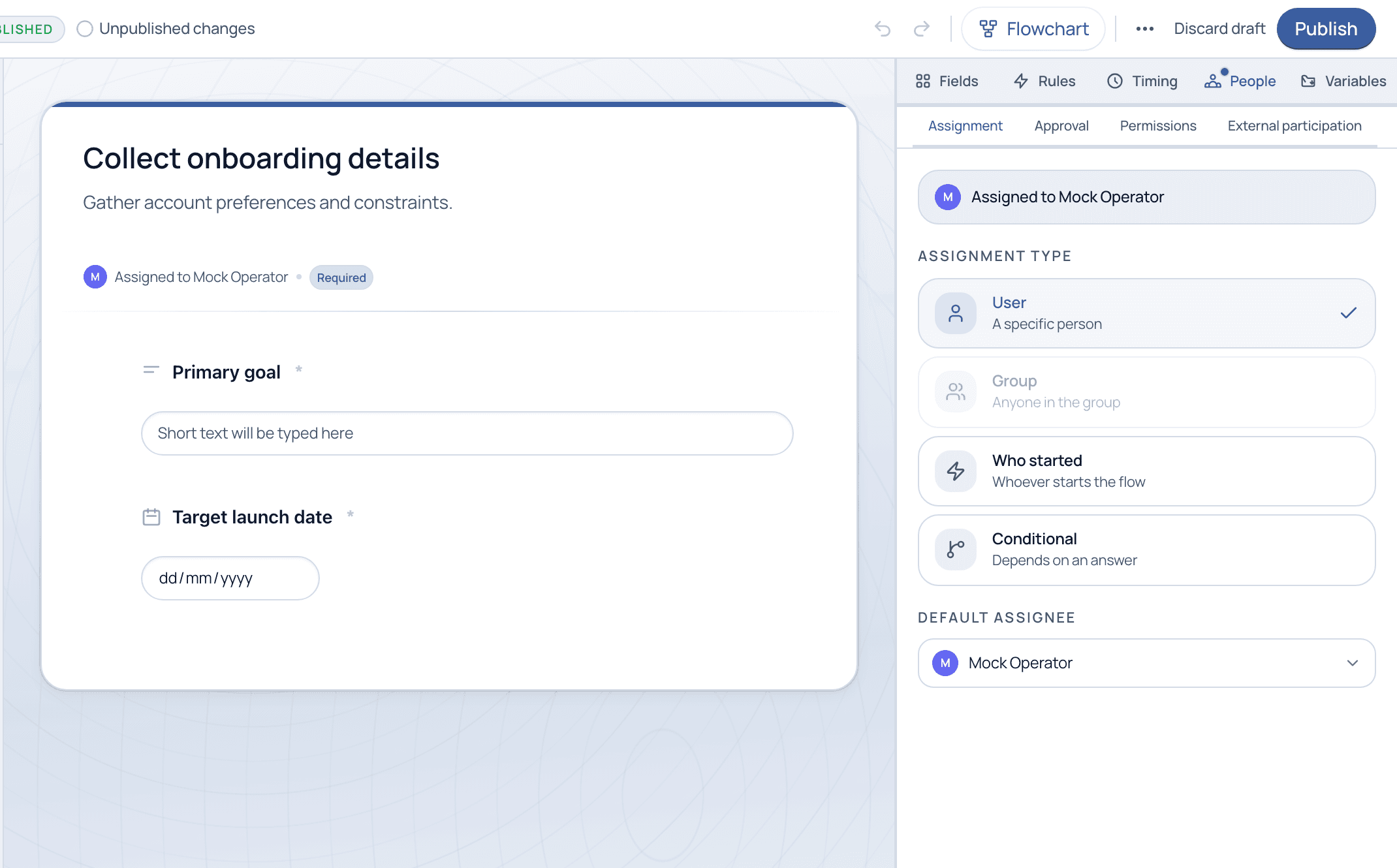 The People tab Assignment section with assignment types: User, Group, Who started, Conditional, and a default assignee
