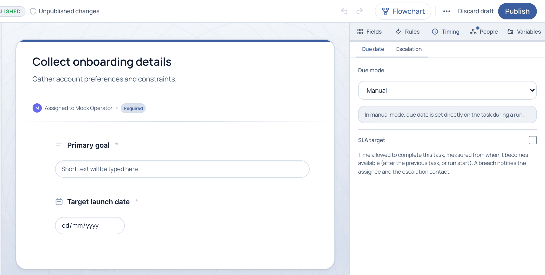 The Timing tab showing Due mode set to Manual and an SLA target option with an explanation of breach notifications