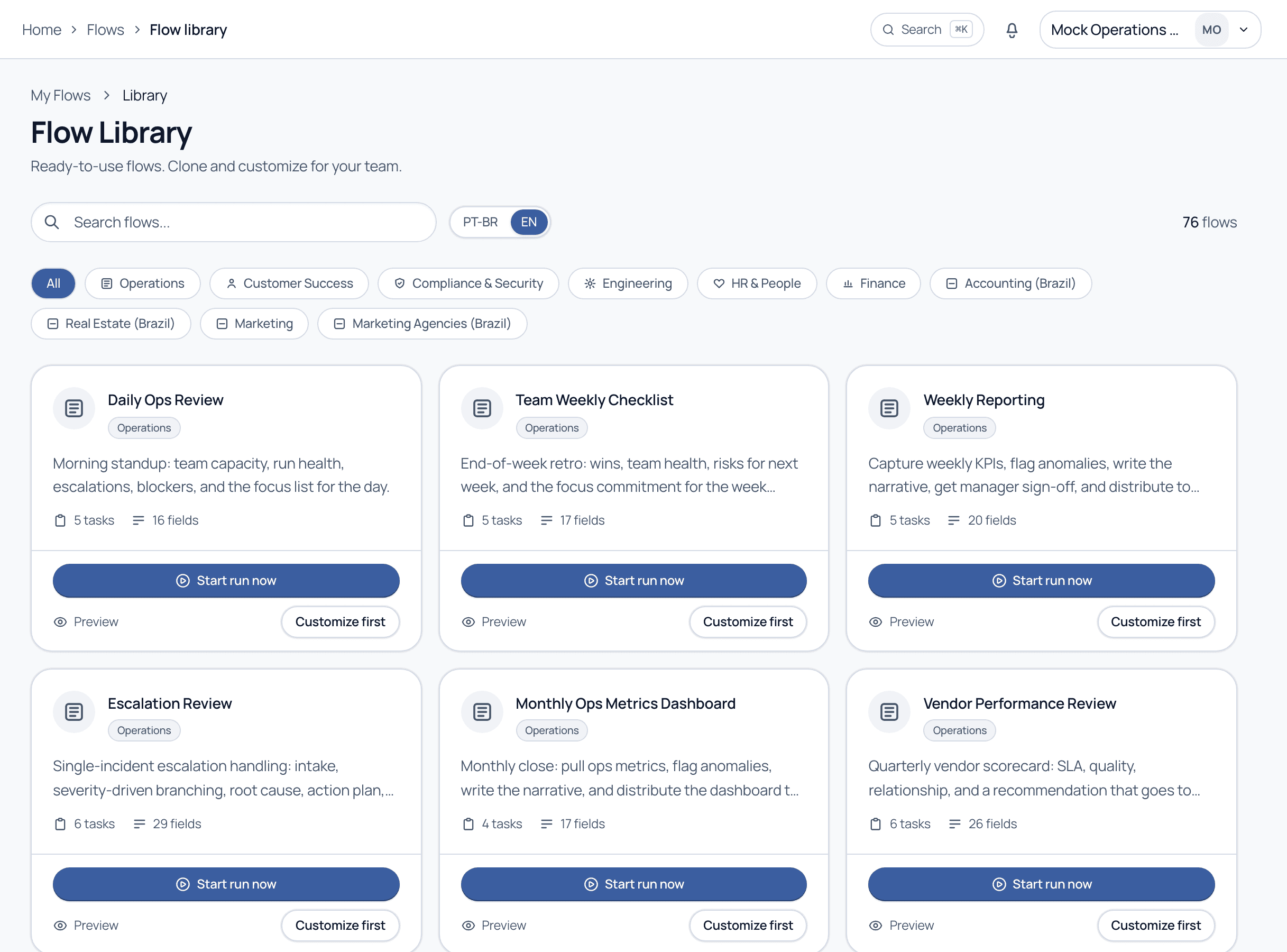 The Flow library showing category filters, a language toggle, and template cards with task and field counts
