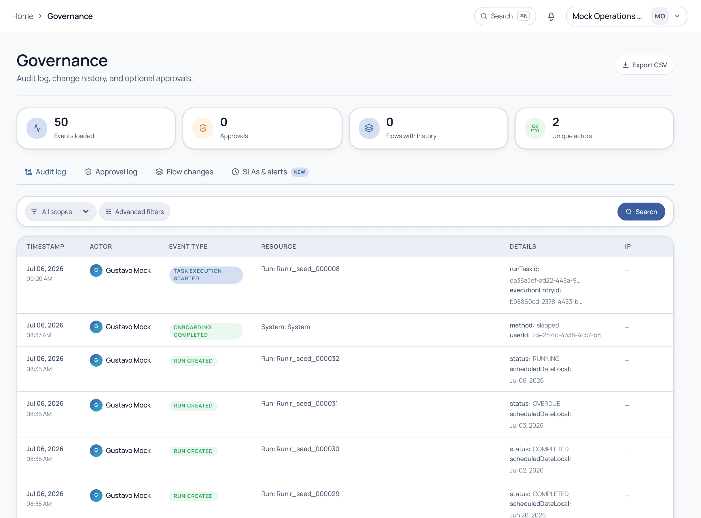 The Governance audit log with event rows, tabs for approval log/flow changes/SLA alerts, filters, and Export CSV
