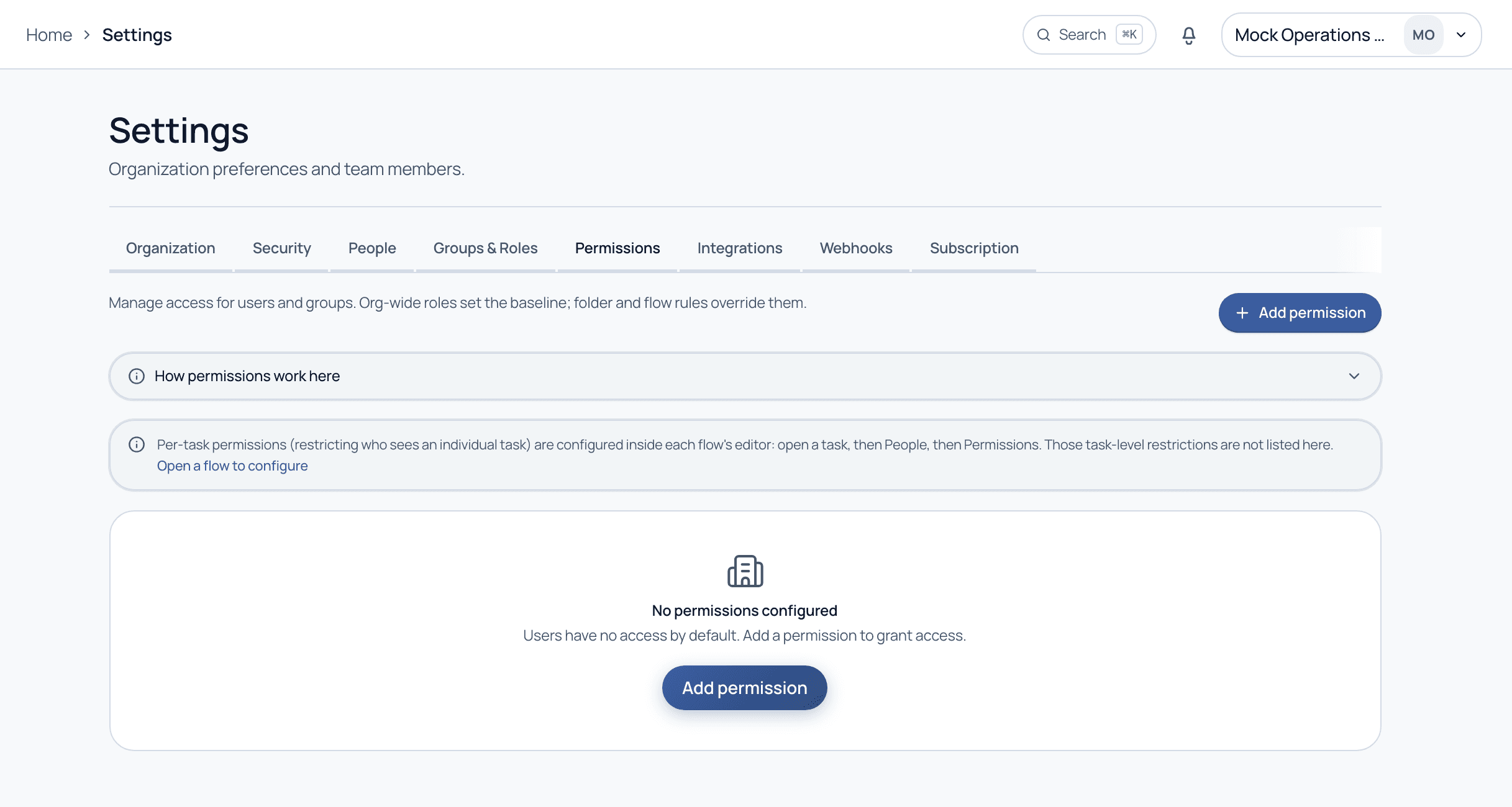 The Permissions settings tab explaining deny-by-default access with an Add permission button