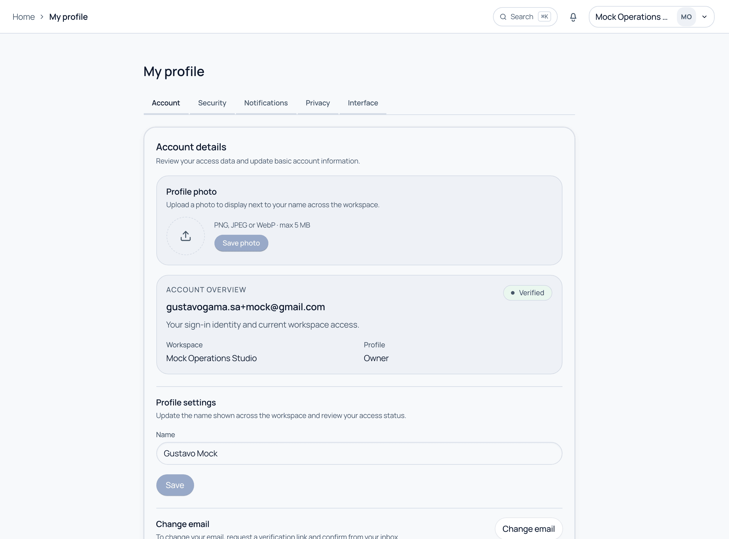The My profile page showing account details, profile photo, verified email, and profile settings