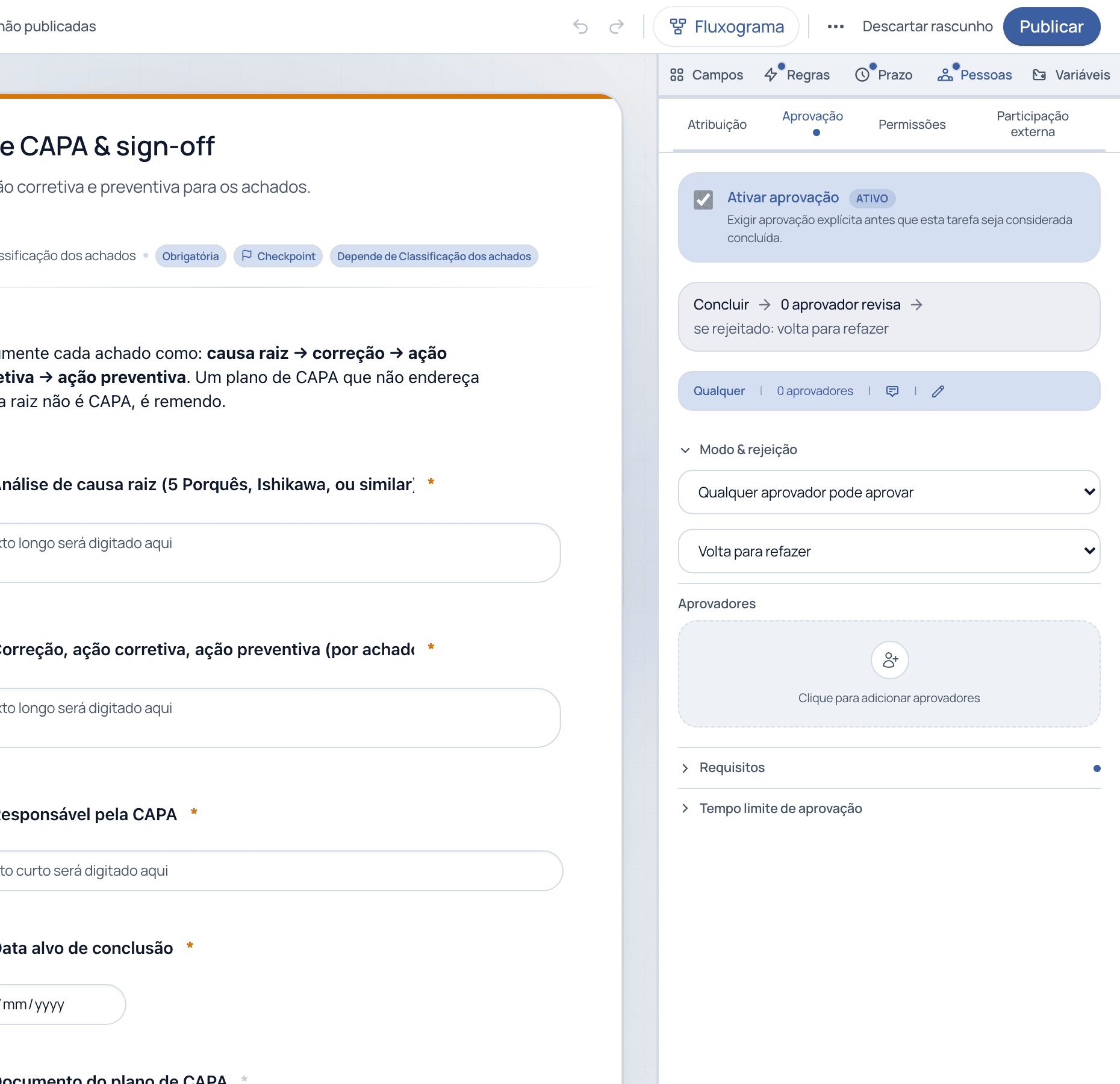 A configuração de aprovação com Habilitar aprovação ativo, modo e rejeição, lista de aprovadores, requisitos e timeout