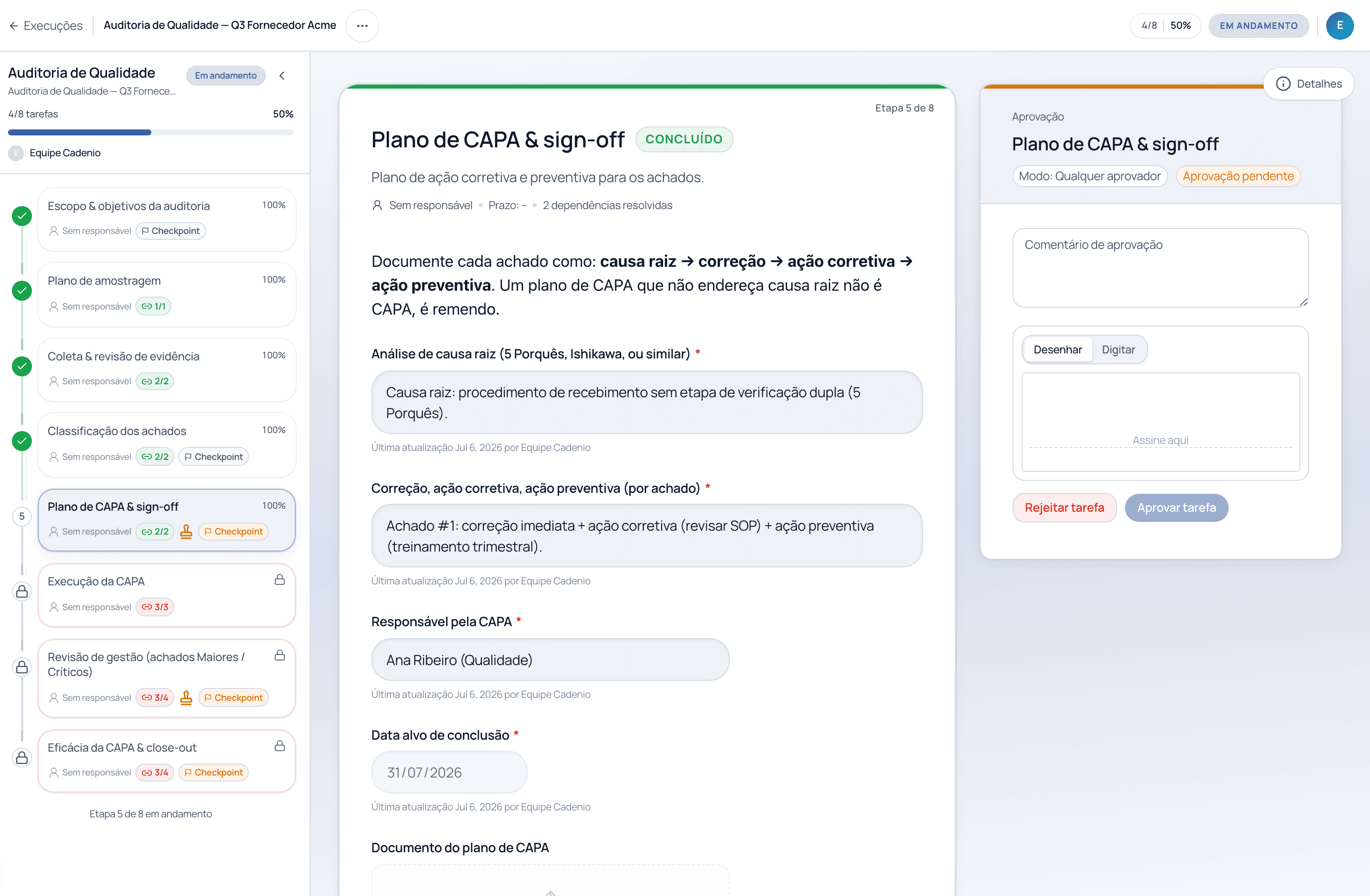 Um run com a tarefa Plano de CAPA & sign-off em Aprovação pendente e os botões Aprovar tarefa e Rejeitar tarefa
