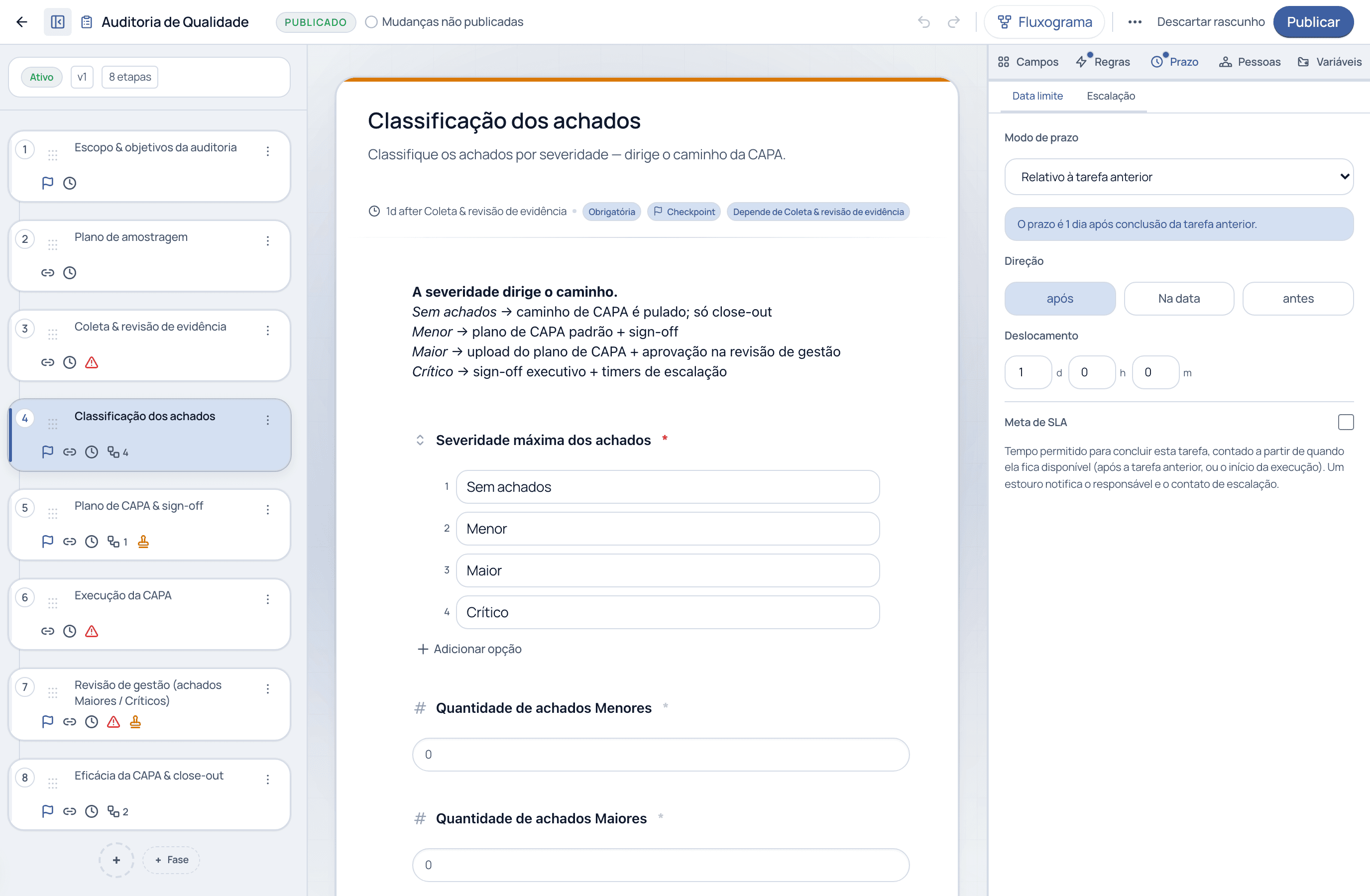 A aba Prazos mostrando Modo de vencimento em Manual e a opção de meta de SLA com explicação das notificações de estouro