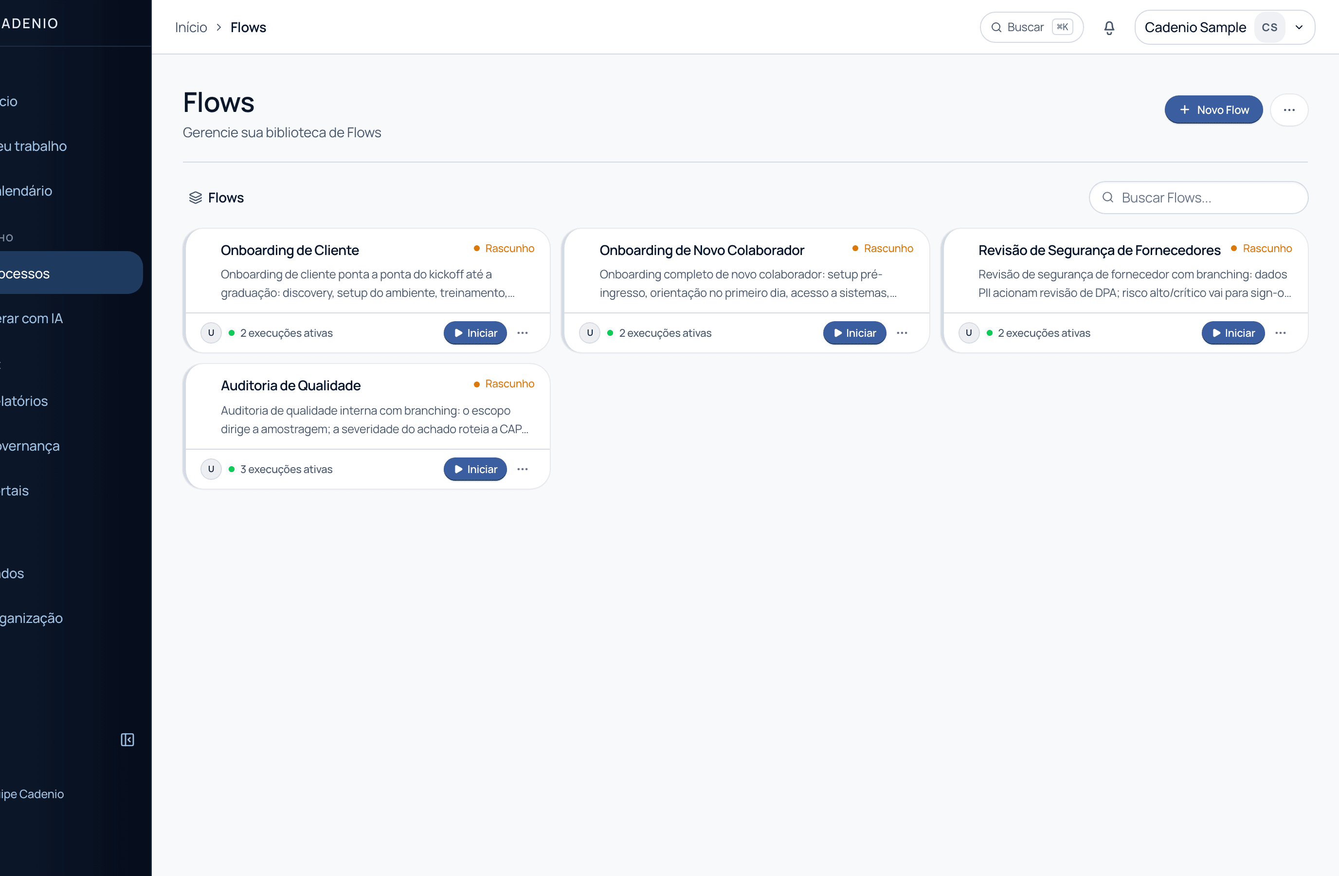 A tela de Flows mostrando oito cards de processo com selos de status e botões Iniciar