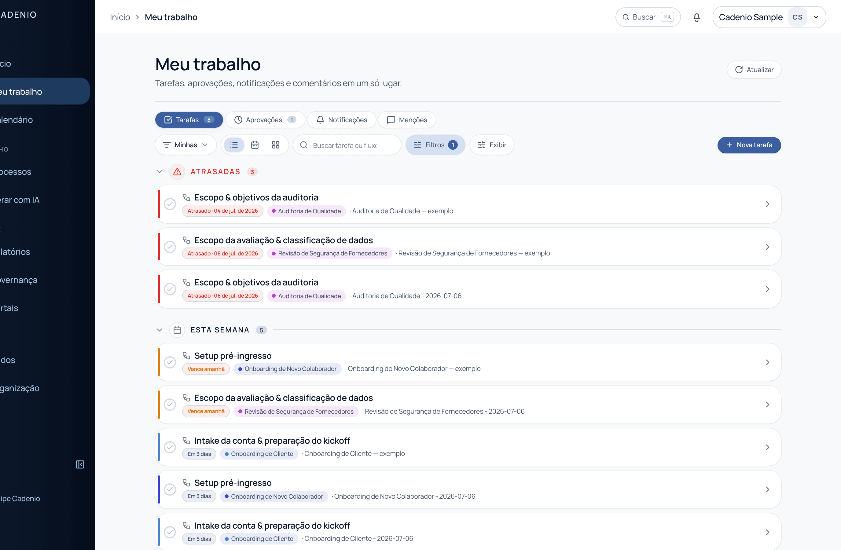 Meu Trabalho em visão de lista, com tarefas agrupadas em Atrasadas e Esta semana