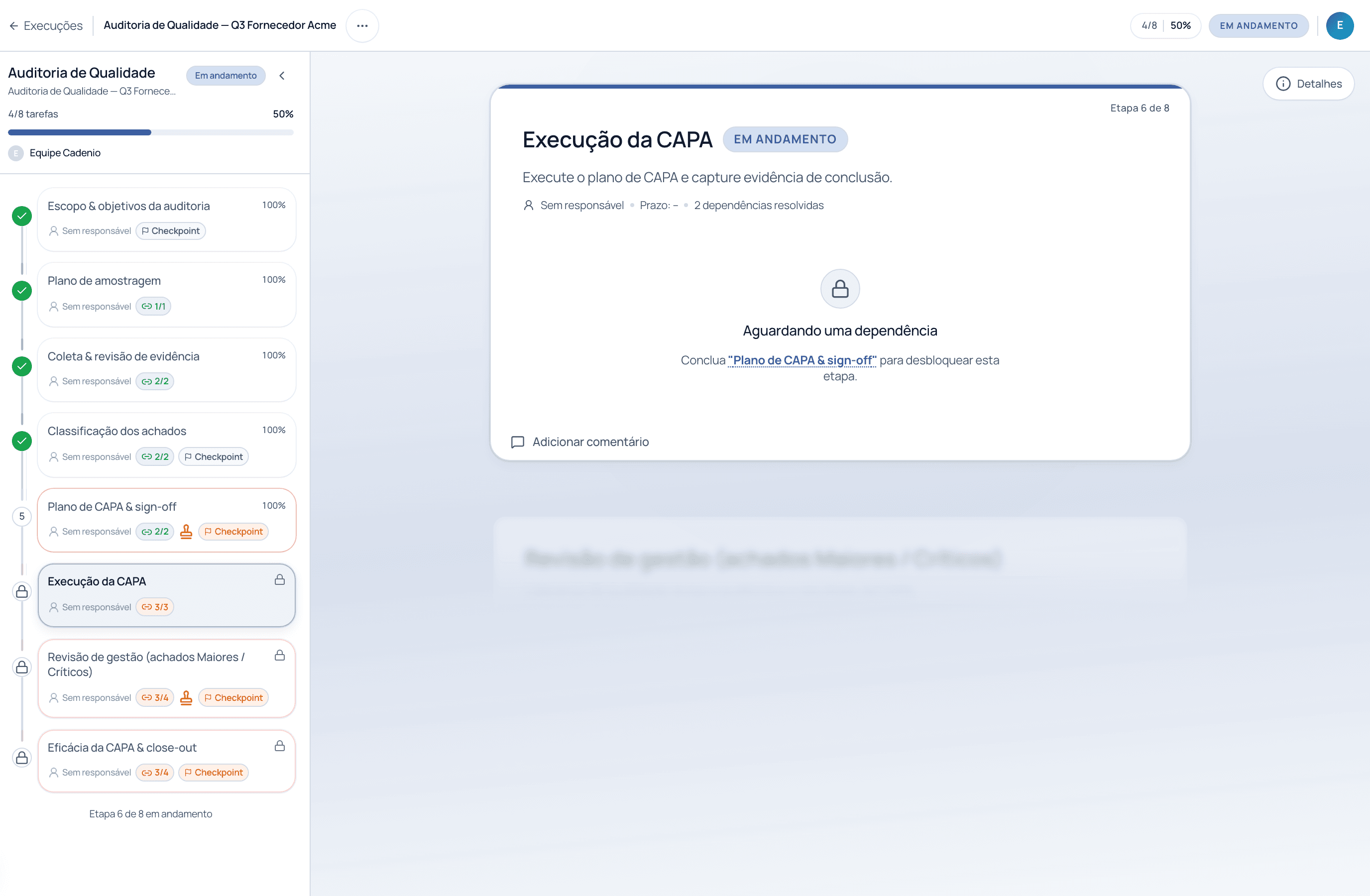 Um run aberto com a lista de passos à esquerda e a tarefa atual Provisionar workspace com campos e botão Concluir Tarefa