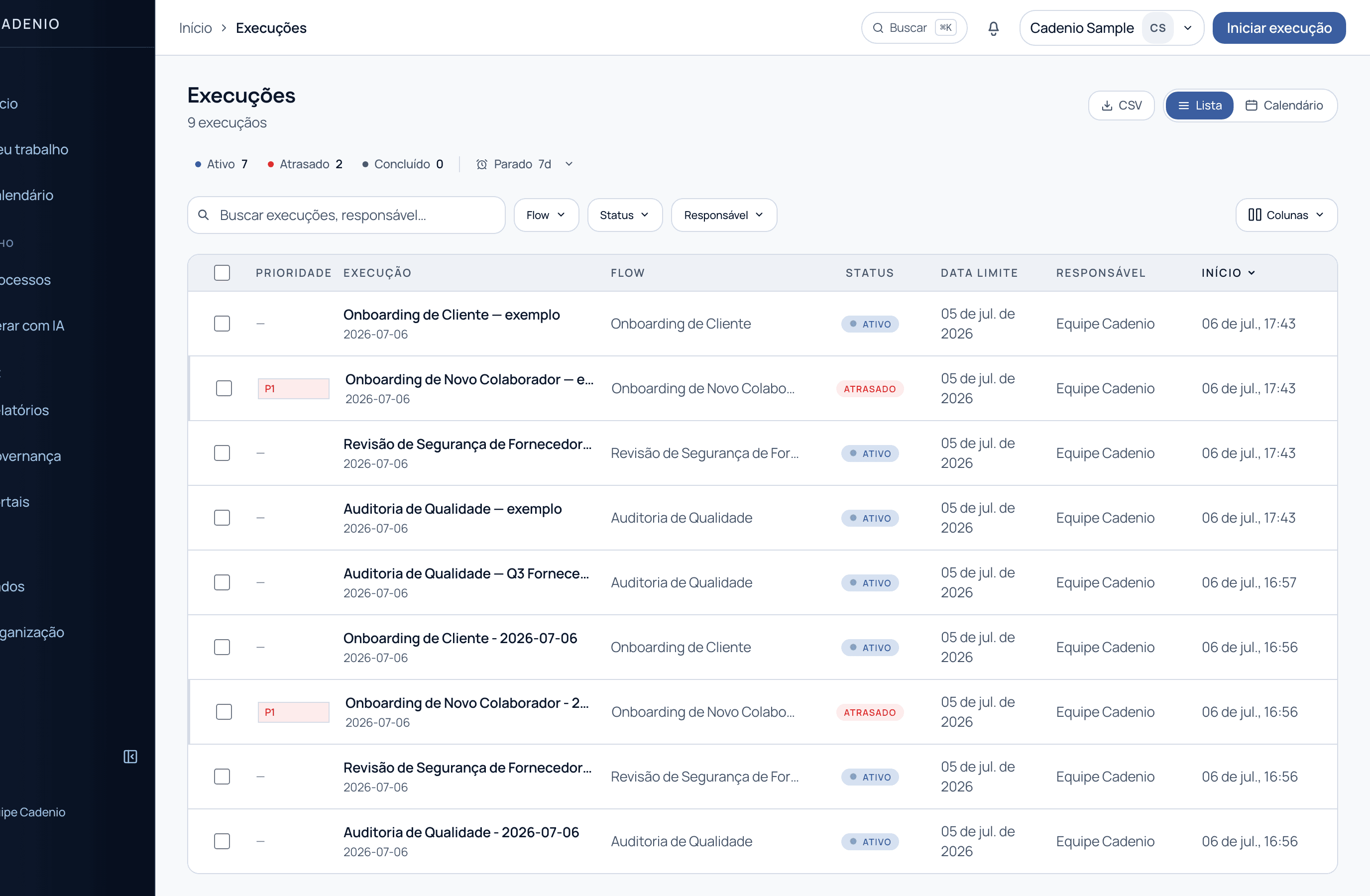 A tela de Runs mostrando contagens de status, filtros e uma tabela de runs com selos de status e prazos