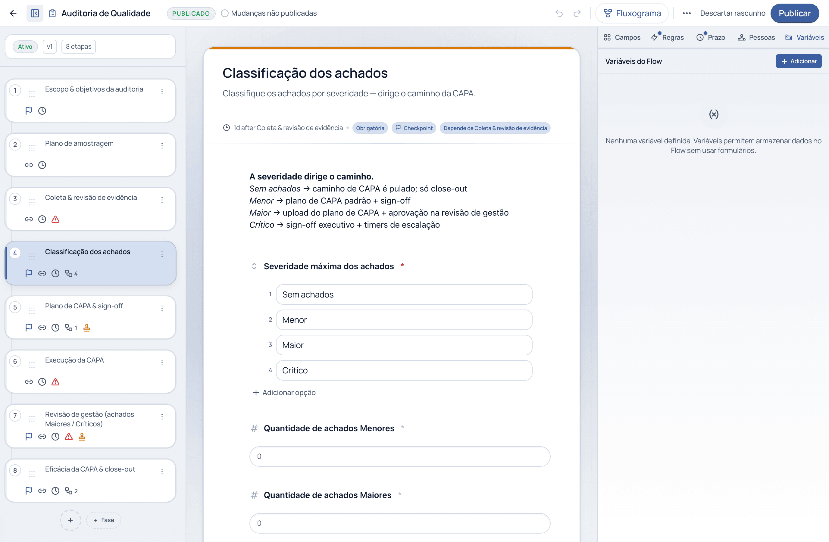 A aba Variáveis com um botão Adicionar e a explicação de que variáveis armazenam dados no Flow sem usar formulários
