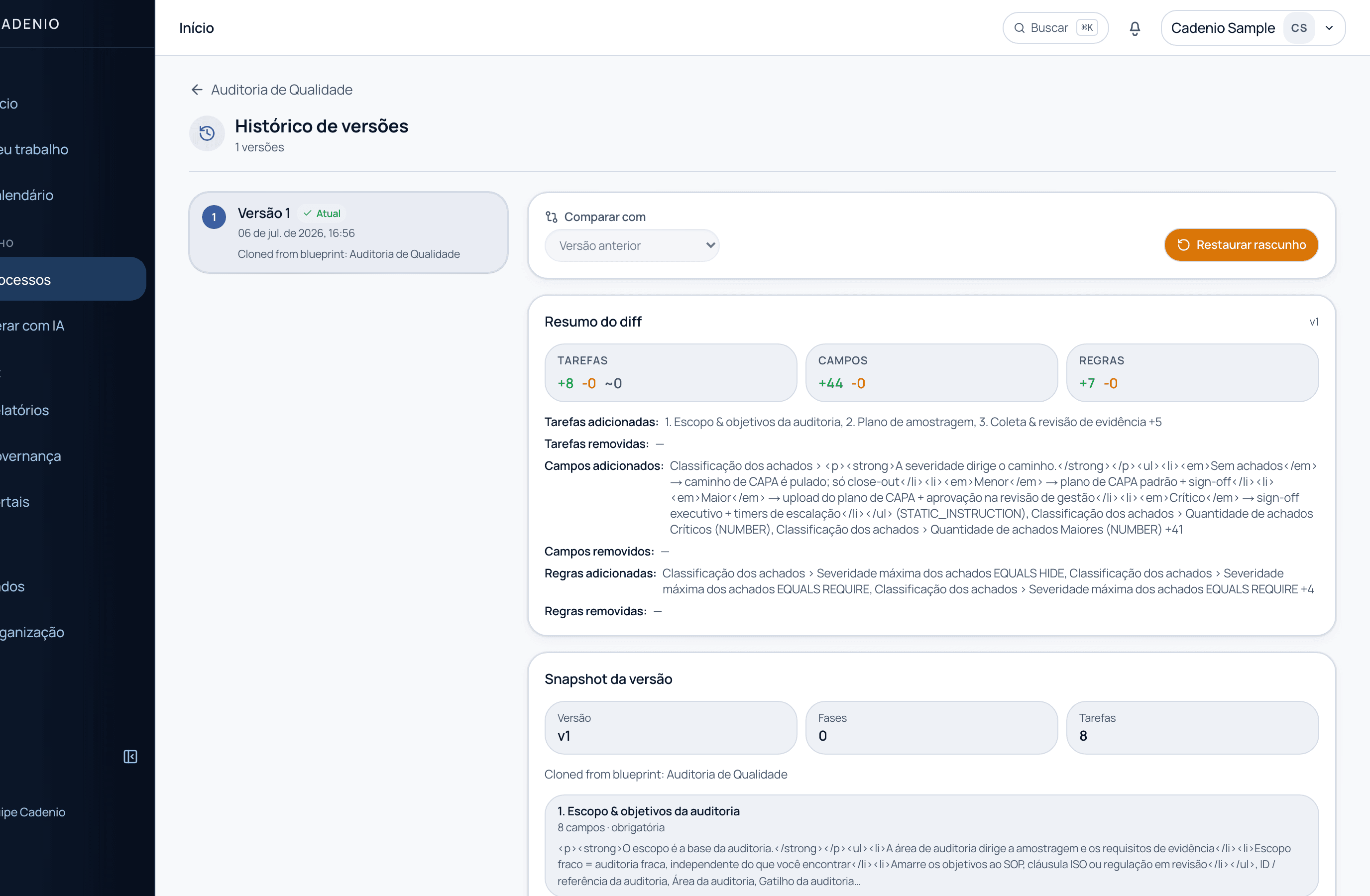 O histórico de versões com lista de versões, resumo de diff de tarefas/campos/regras adicionados e removidos, e botão Restaurar rascunho