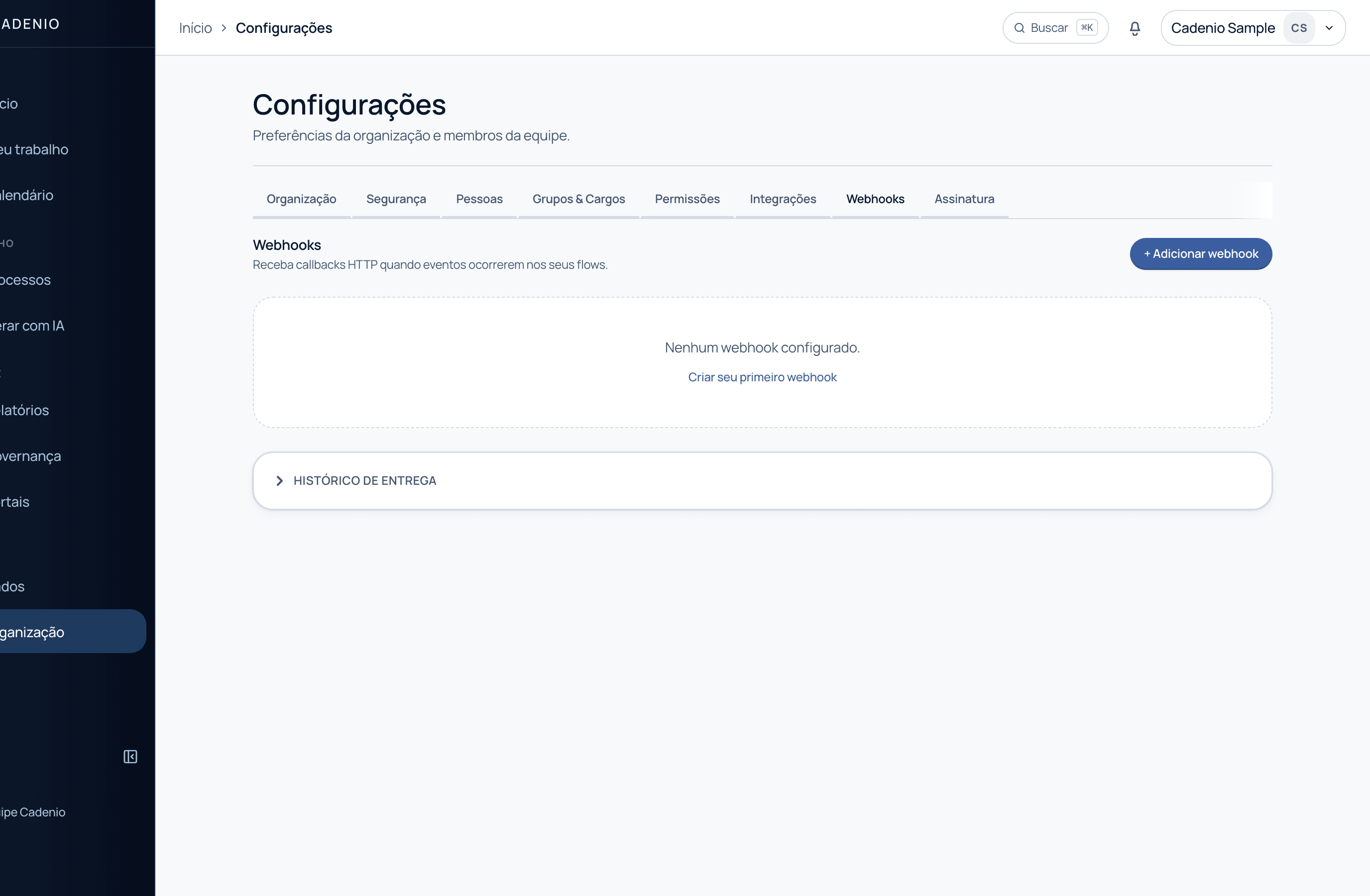 A aba de Webhooks nas configurações com botão Adicionar webhook, estado vazio e uma seção de Histórico de entrega