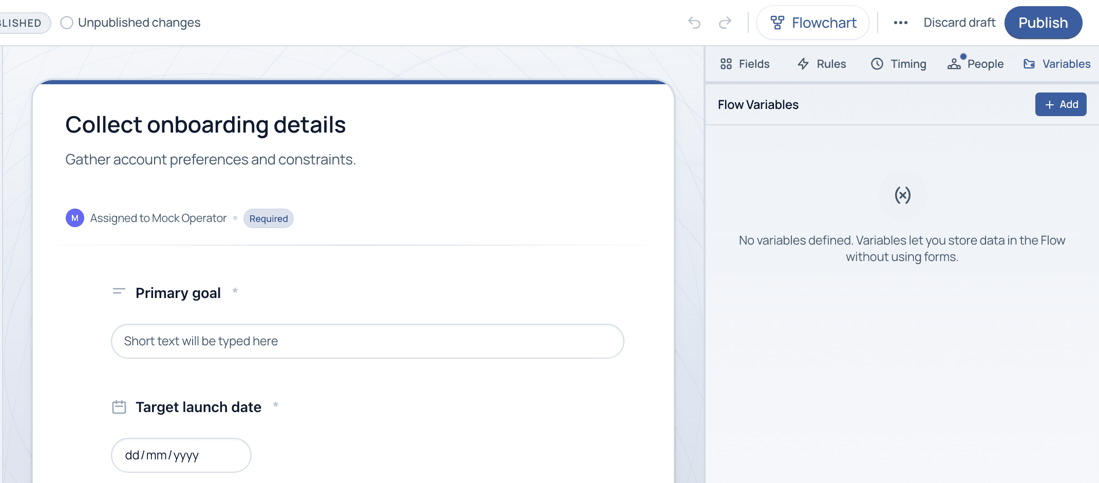 The Variables tab with an Add button and an explanation that variables store data in the Flow without using forms