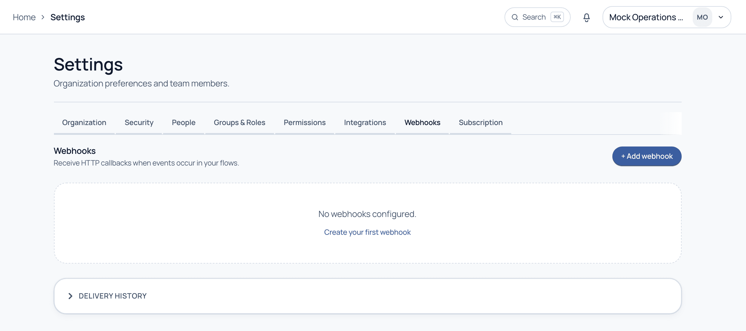 The Webhooks settings tab with an Add webhook button, an empty state, and a Delivery history section
