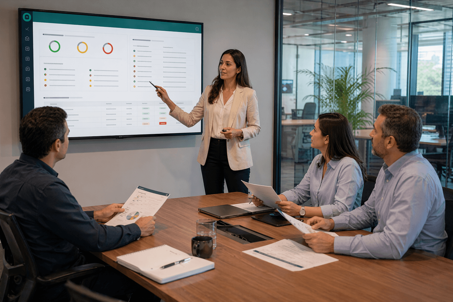 Equipe de auditoria em sala de reunião revisando dashboard de compliance com indicadores ISO 9001, SOC 2 e LGPD na tela