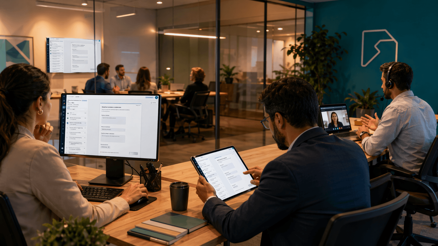 Equipe de Compras, Jurídico e Financeiro em espaço de trabalho moderno revisando processo de homologação de fornecedores no Cadenio