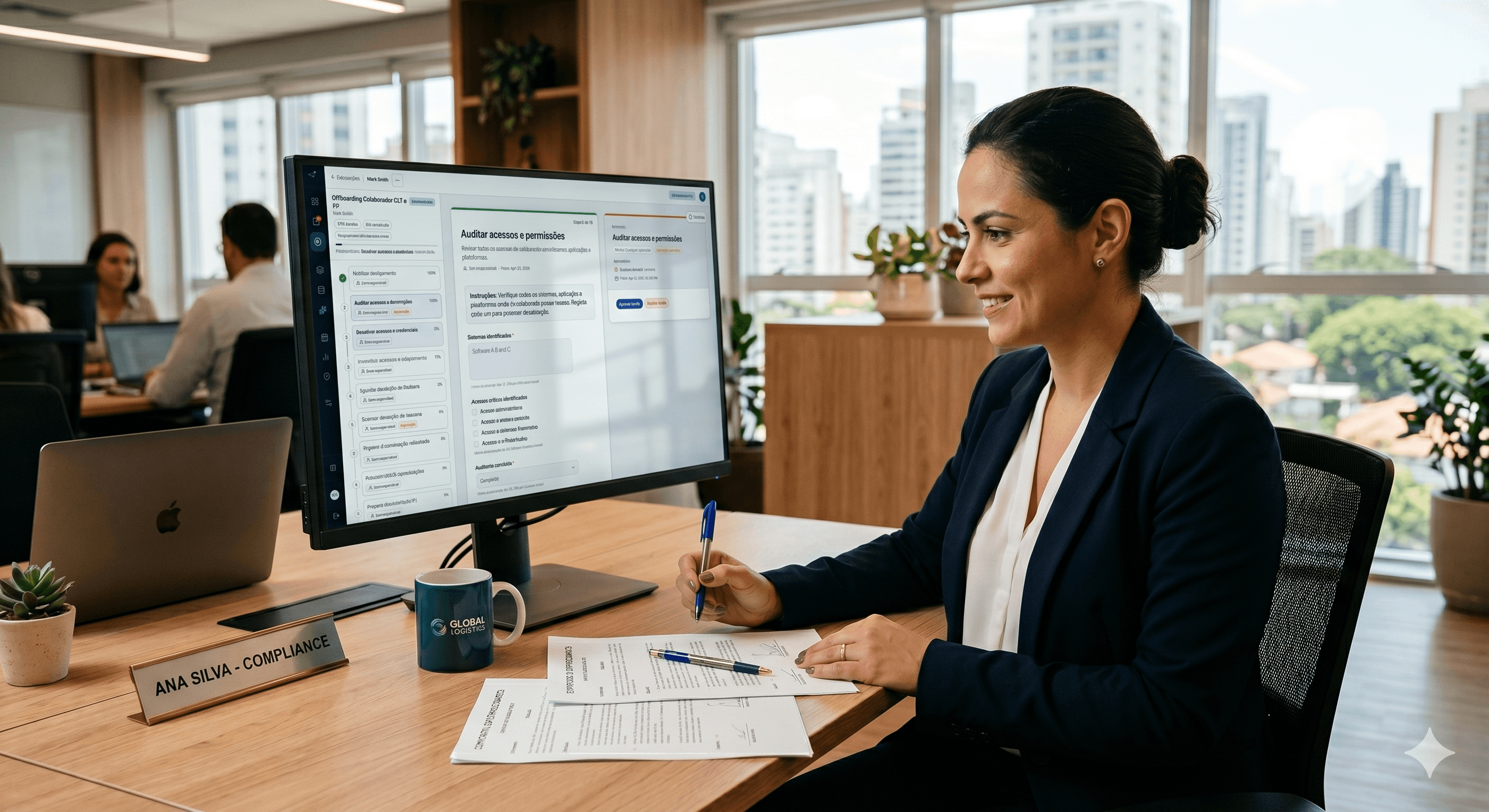 Gestor de compras revisando o processo de homologação de fornecedores no laptop com workflow de aprovação visível