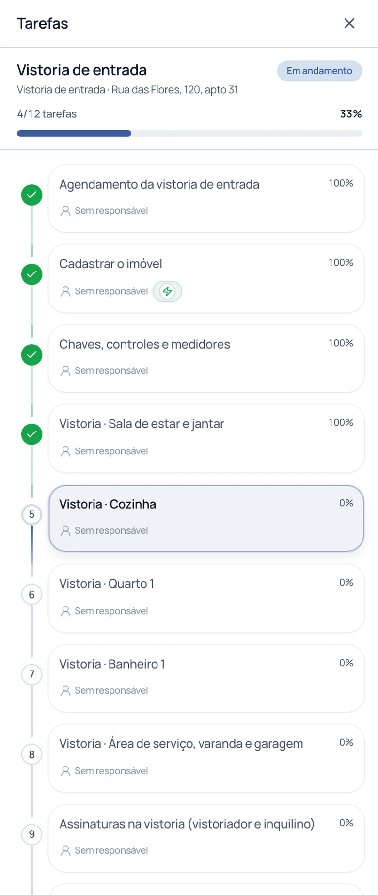 Lista de etapas da vistoria no celular