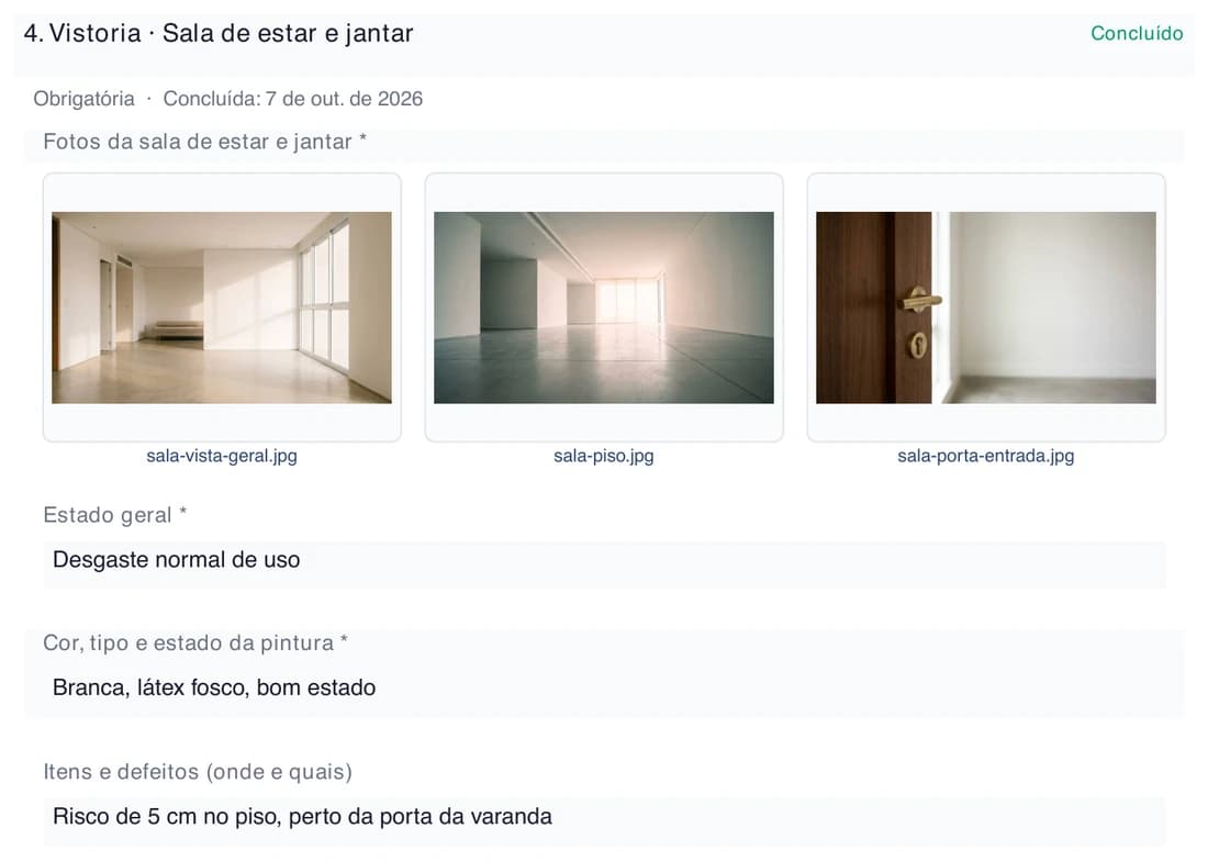 Página do laudo com as fotos e o estado da sala de estar