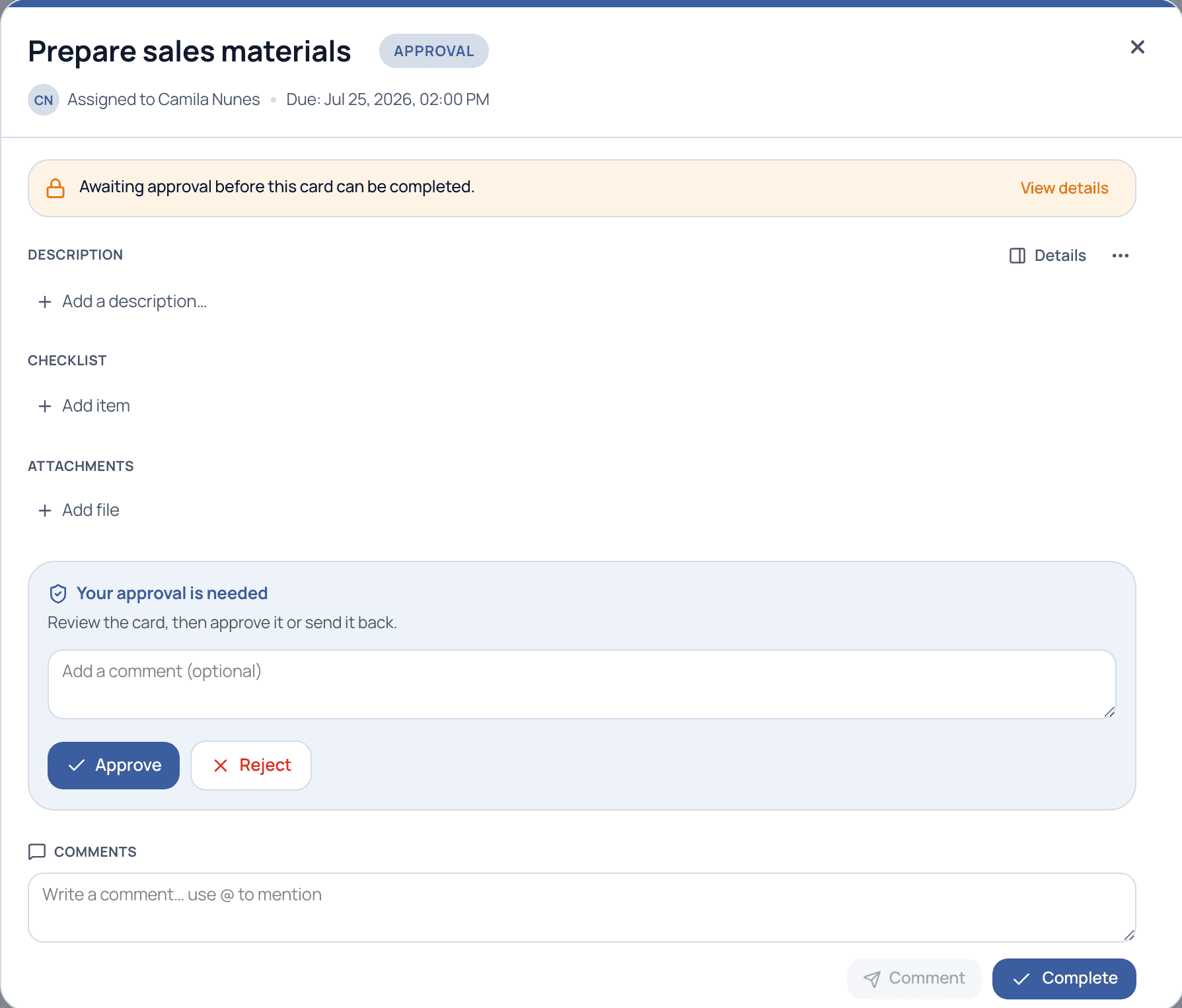 A project card detail view showing an approval banner and Approve / Reject buttons for the assigned approver