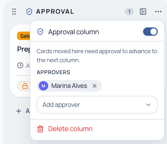 A column's menu with the Approval column toggle switched on, an approvers list, and the option to add another approver