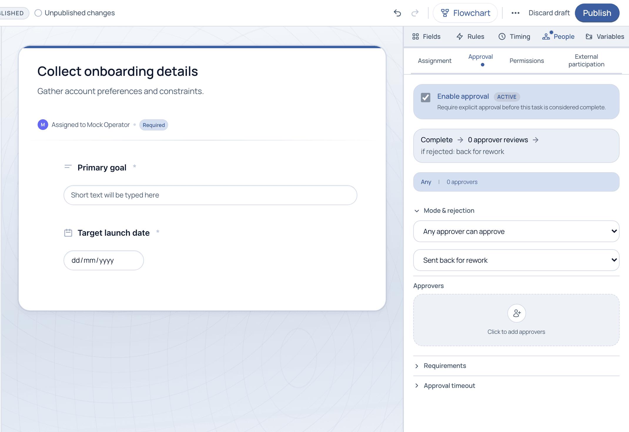 The approval configuration with Enable approval active, mode and rejection settings, an approvers list, requirements, and timeout