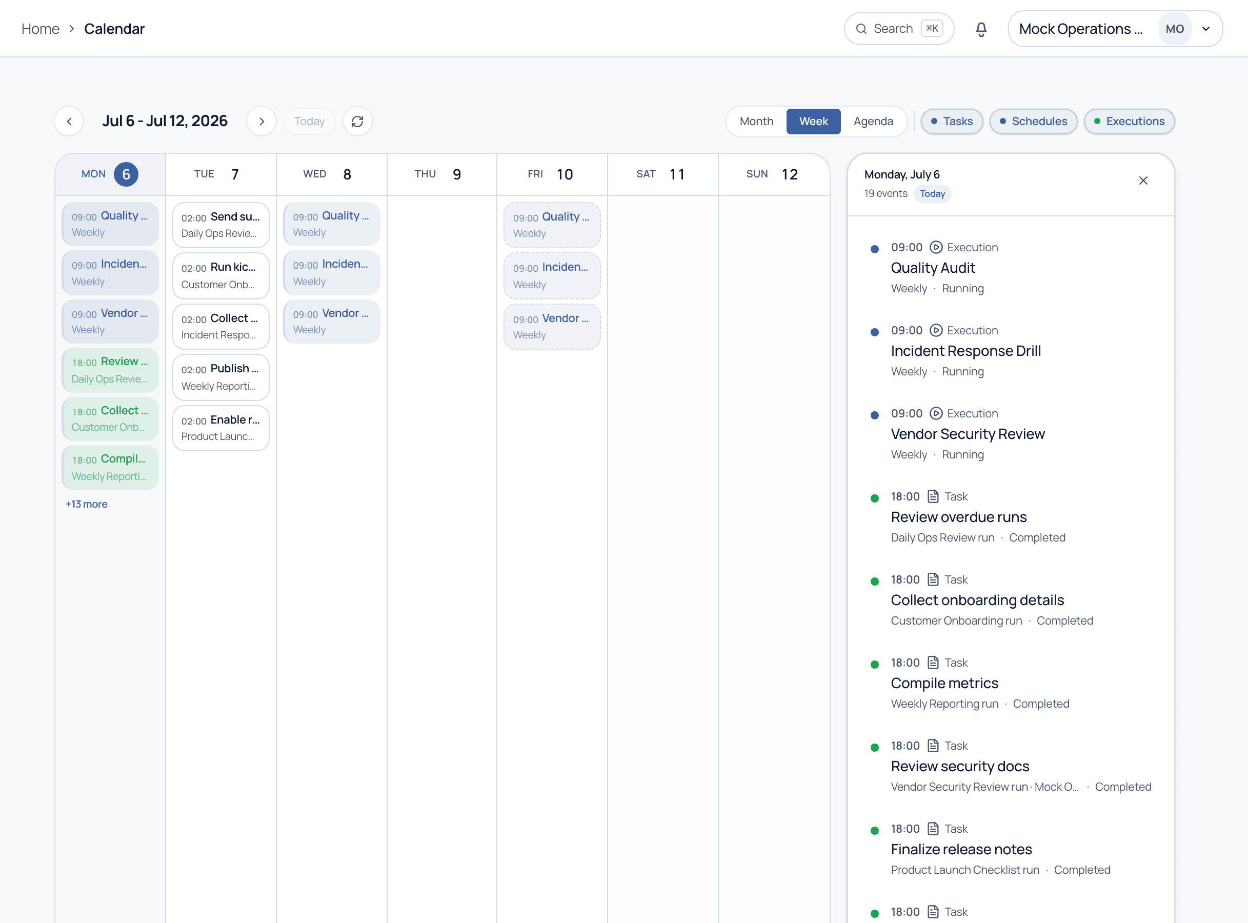 The calendar in week view with color-coded events and a day detail panel listing tasks and executions