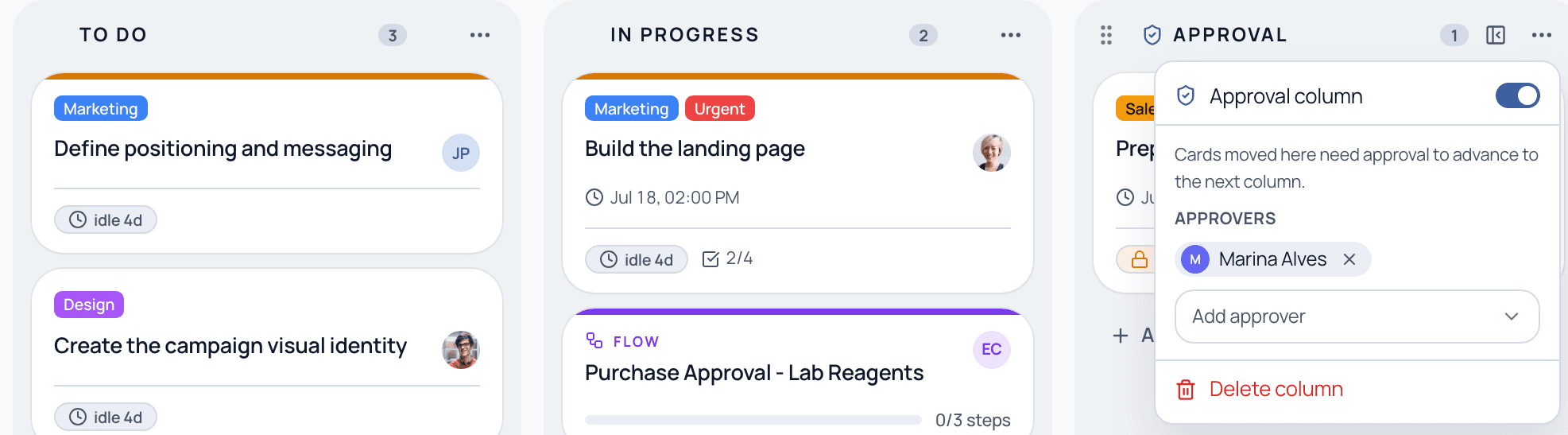 Three columns of a project board: To do, In progress with an attached Flow card, and Approval with its column menu open showing the approval toggle and an approver