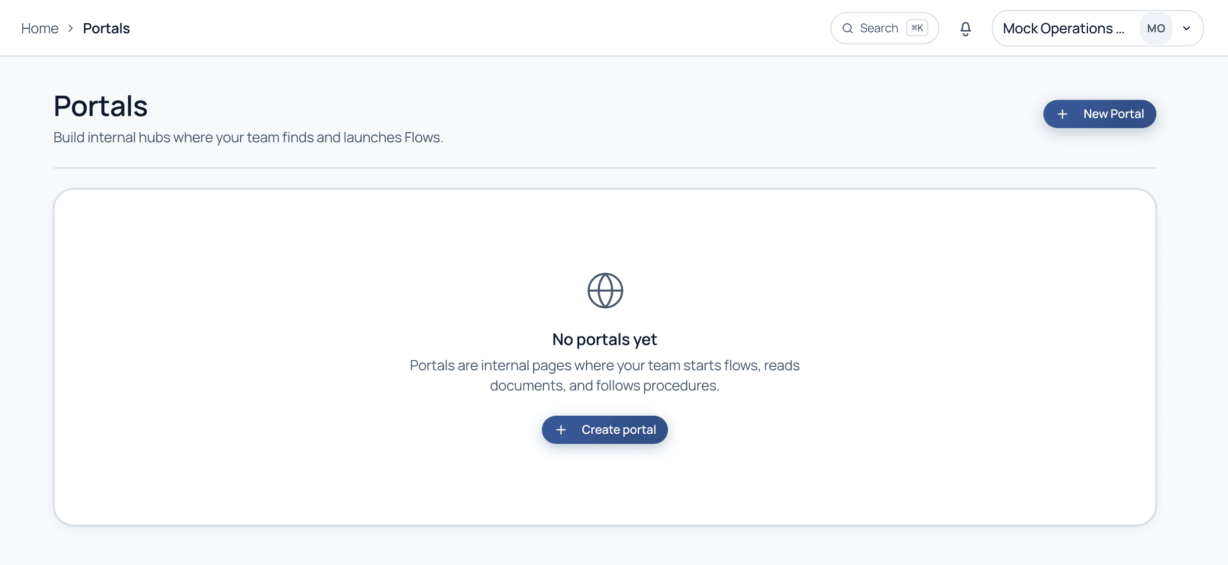 The Portals screen with a New Portal button and an explanation of internal hubs for launching flows