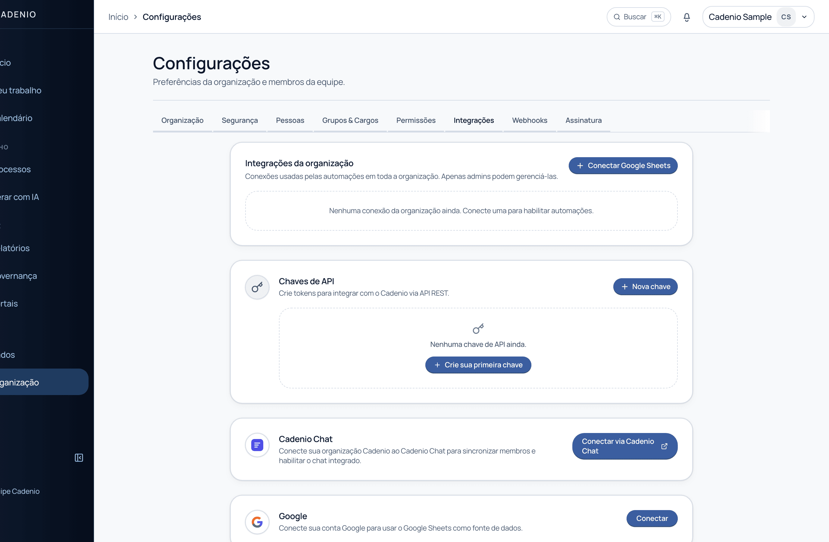 A seção de Chaves de API nas configurações com botão Nova chave e um CTA Criar sua primeira chave