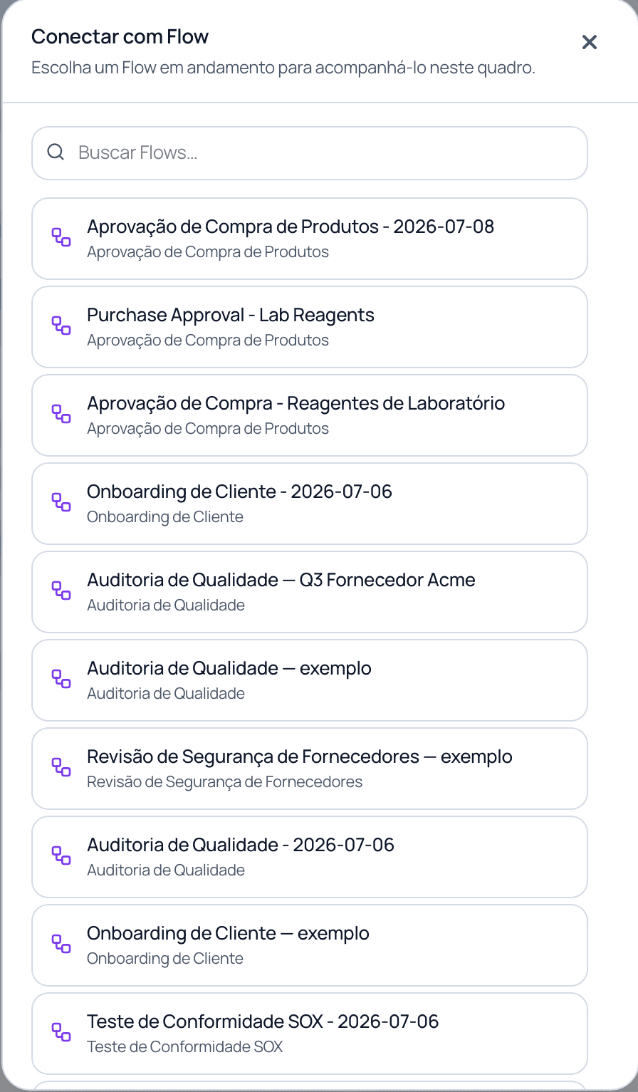 A caixa de diálogo Conectar com Flow com um campo de busca e uma lista de Flows em andamento para anexar ao quadro