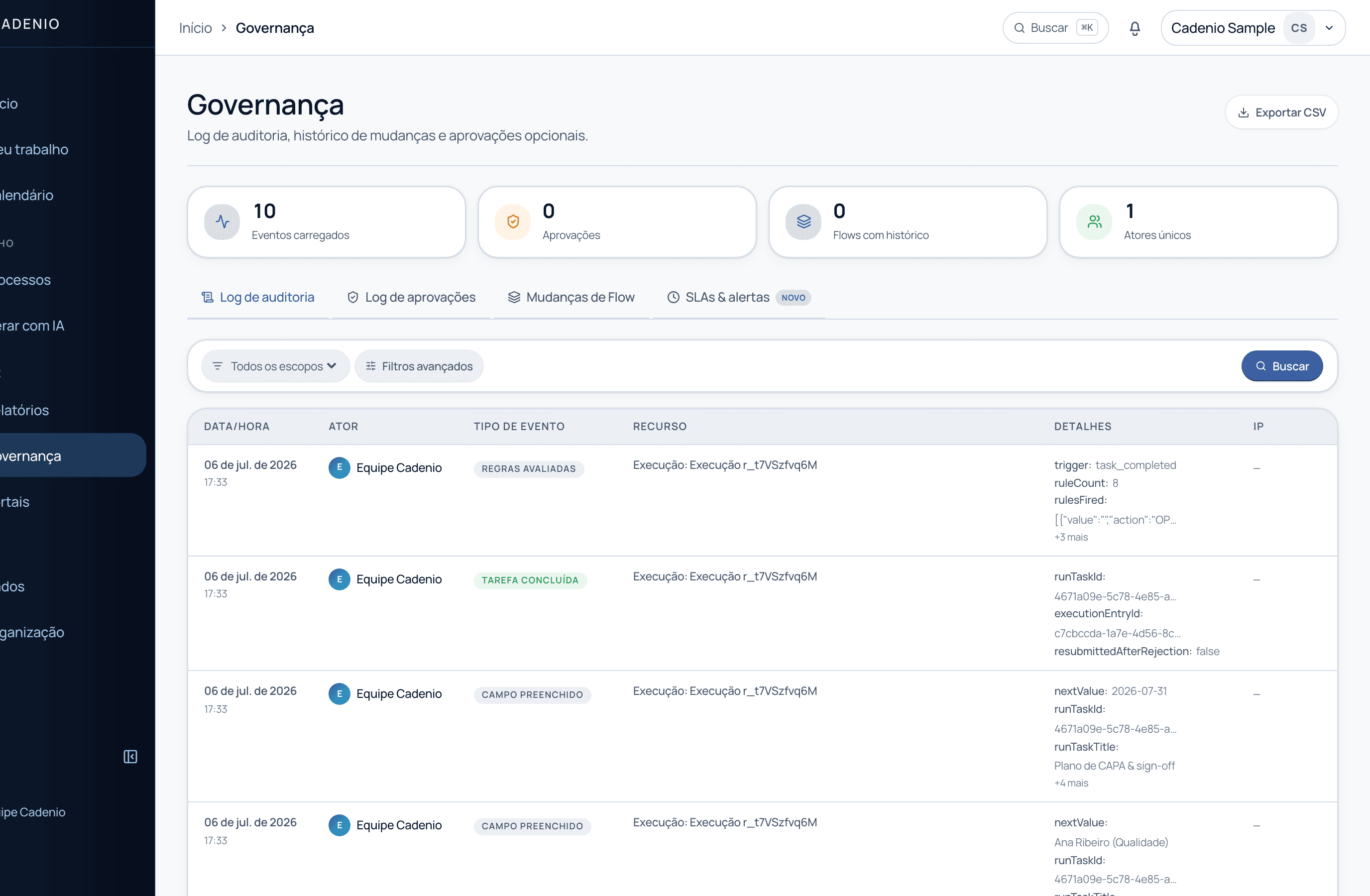 O log de auditoria de Governança com linhas de evento, abas de log de aprovações/mudanças de flow/alertas de SLA, filtros e Exportar CSV