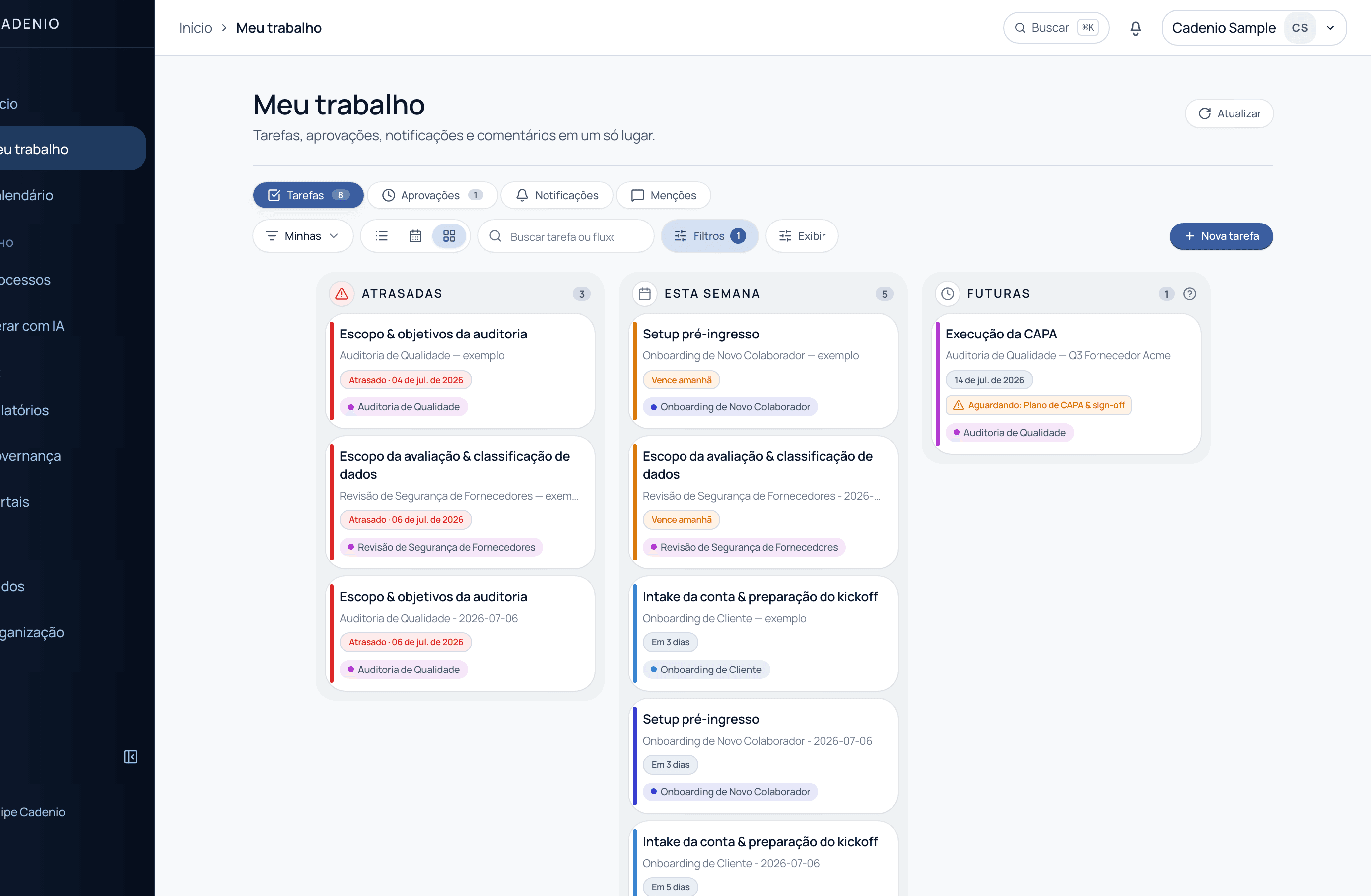 A Inbox mostrando tarefas agrupadas em Atrasadas e Hoje, cada uma com tag de flow e nome do run