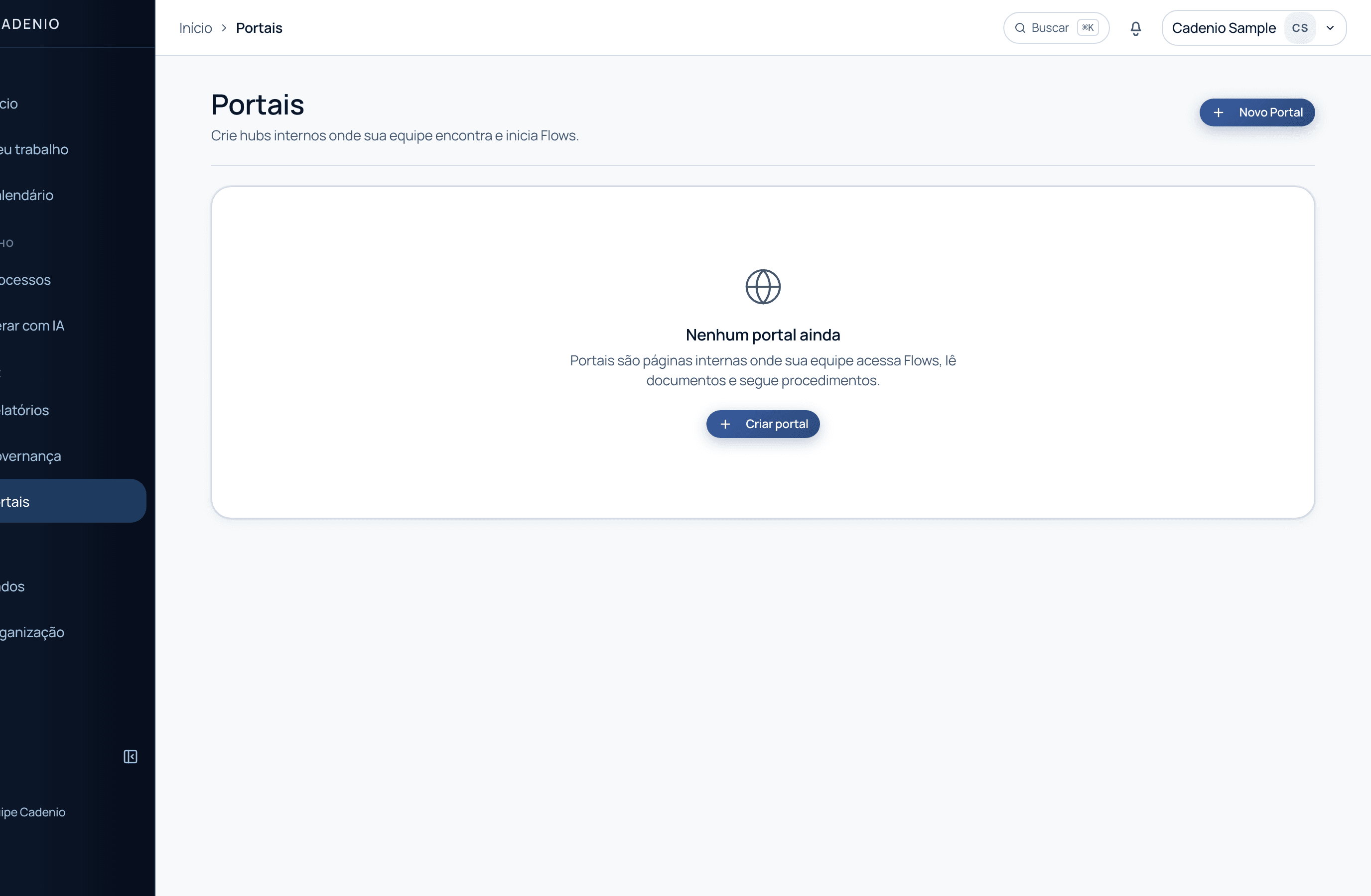 A tela de Portais com um botão Novo Portal e uma explicação de hubs internos para iniciar flows